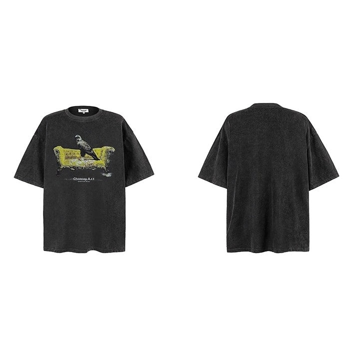 Bird Print Wash Loose T-shirt BL1039