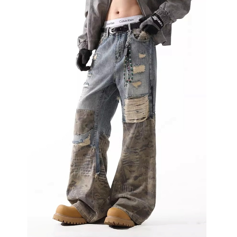 Ripped Camouflage Stitched Bootcut Jeans BL1038
