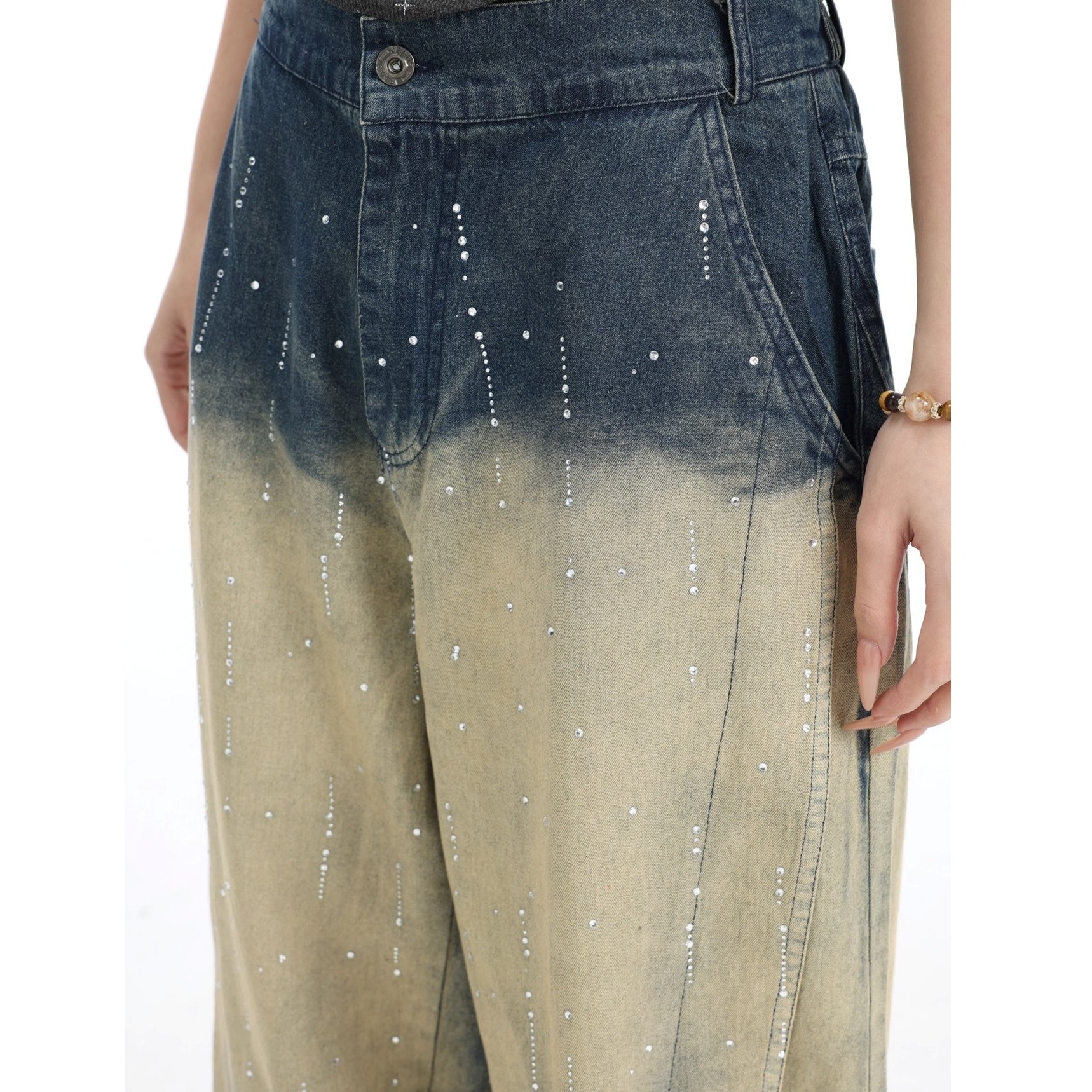 RhineStone Gradient Washed Loose Jeans IN7064