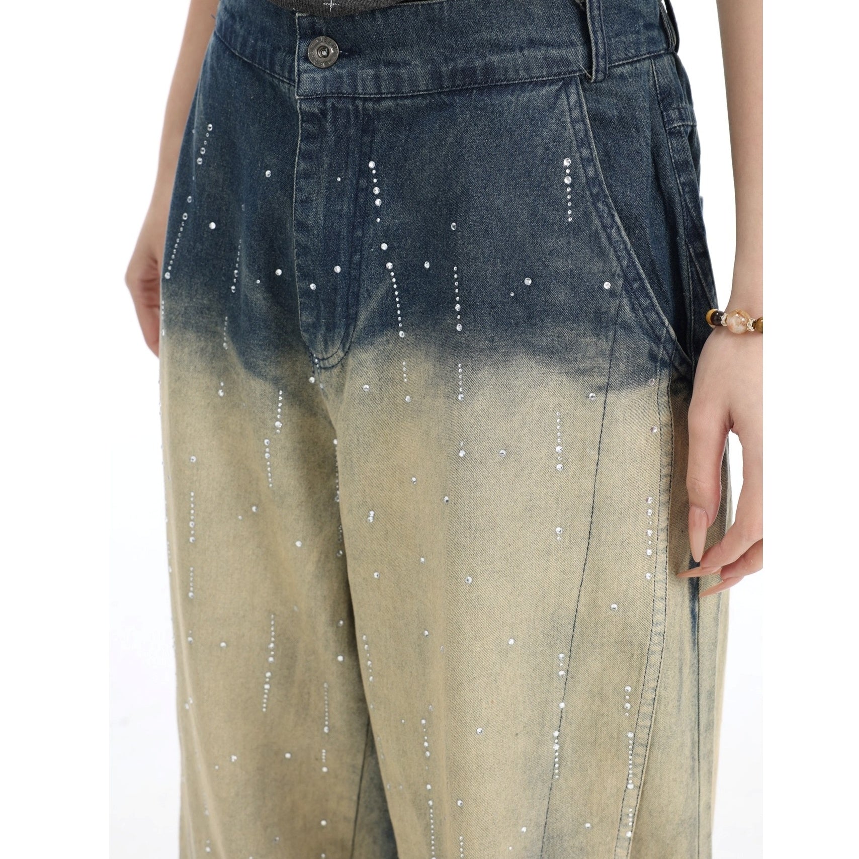 RhineStone Gradient Loose Distressed Washed Jeans IN7068