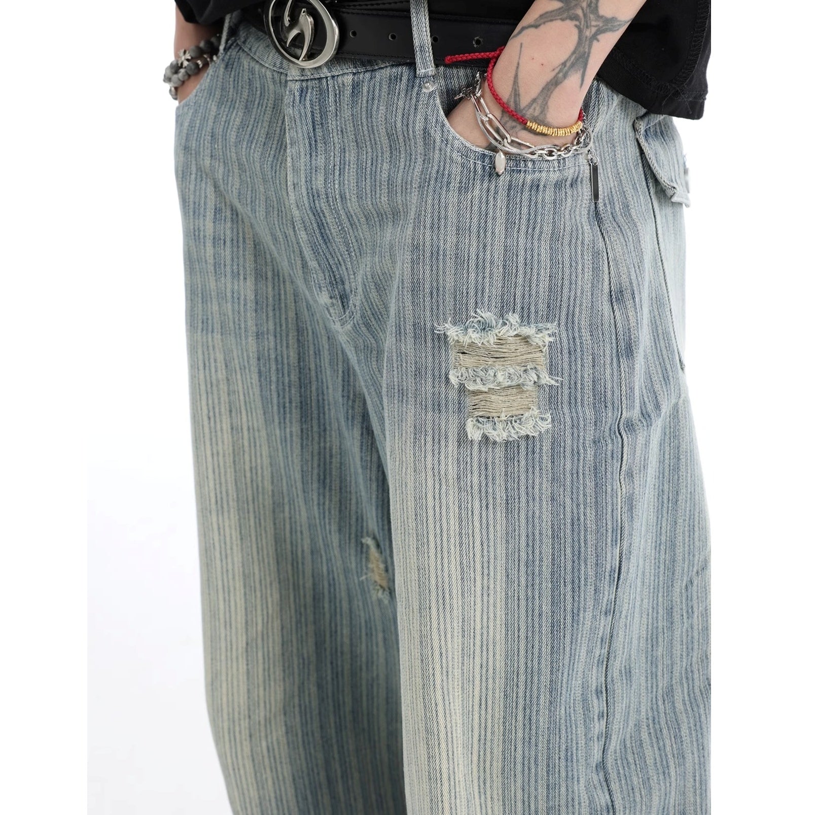 Vintage Vertical Stripe Loose Ripped Jeans IN7063