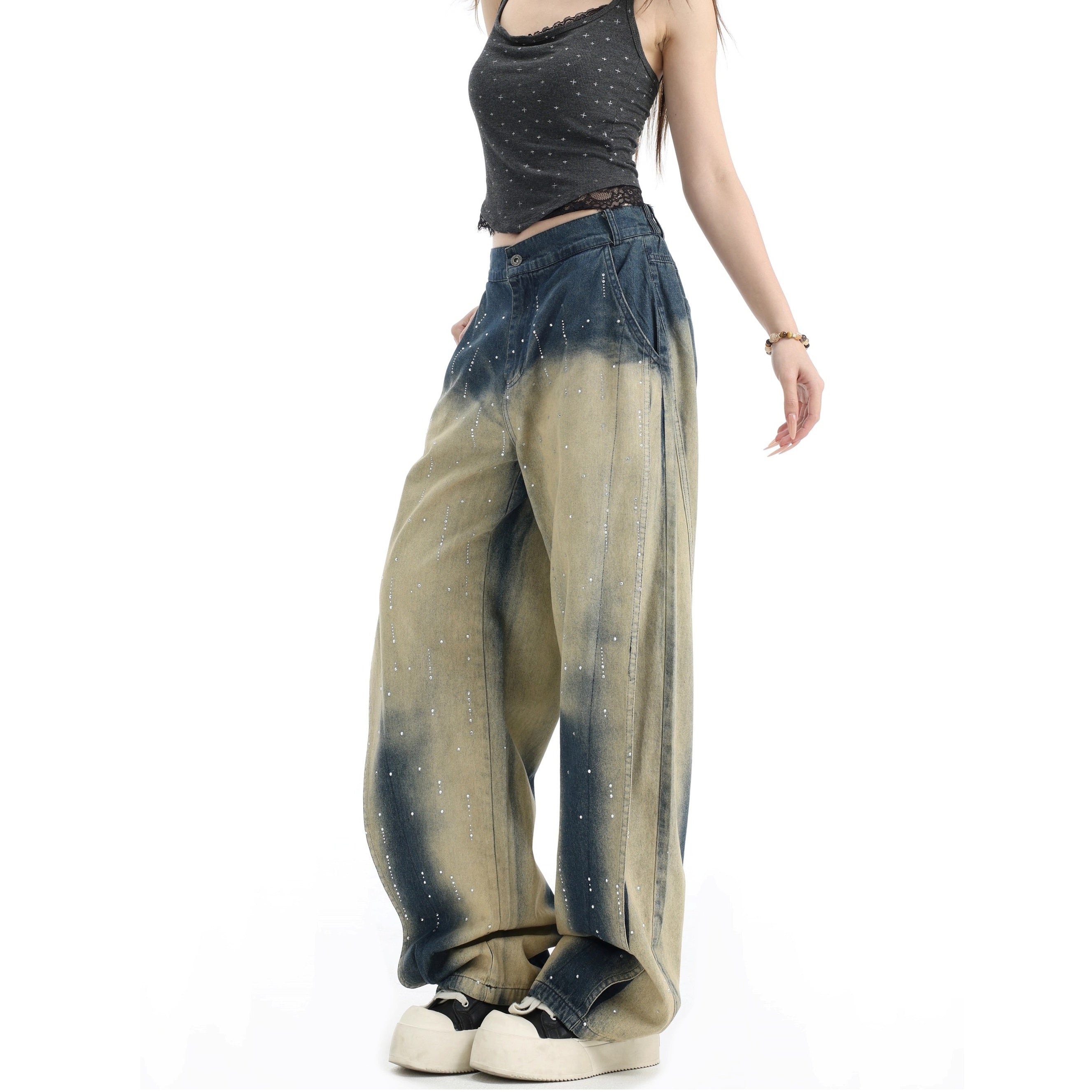 RhineStone Gradient Washed Loose Jeans IN7064