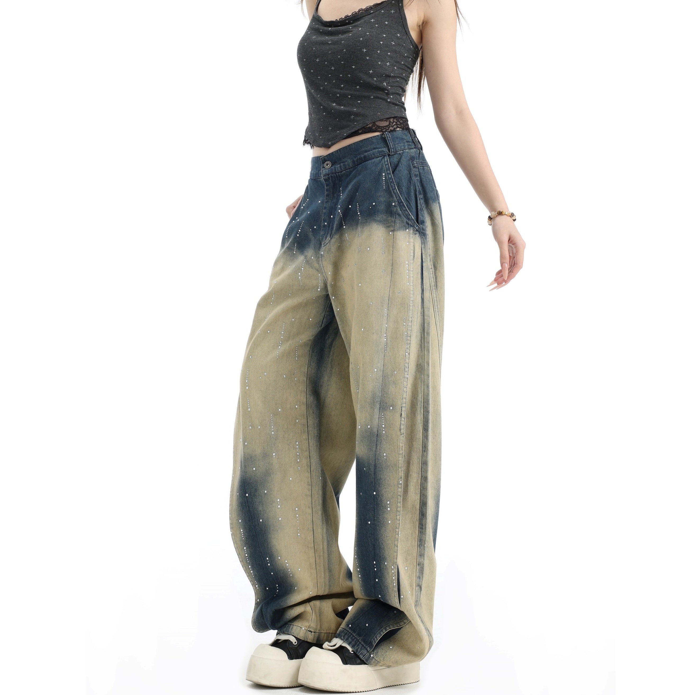 RhineStone Gradient Loose Distressed Washed Jeans IN7068