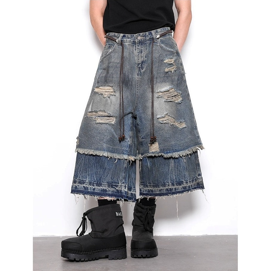 Fake Two-piece Distressed Ripped Cropped Jeans BL1021