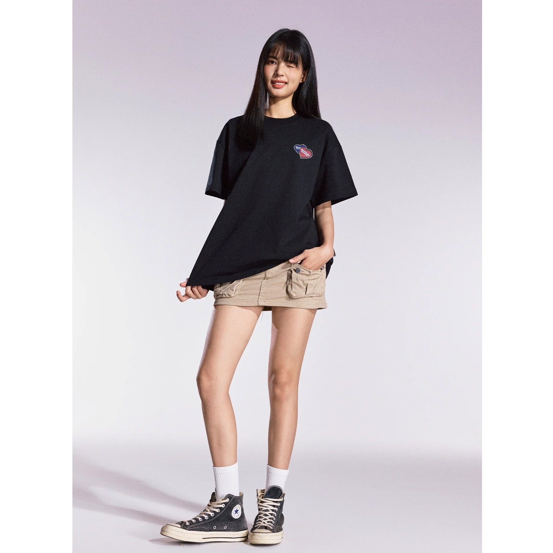 Heart Rhinestone Loose T-shirt MB7365