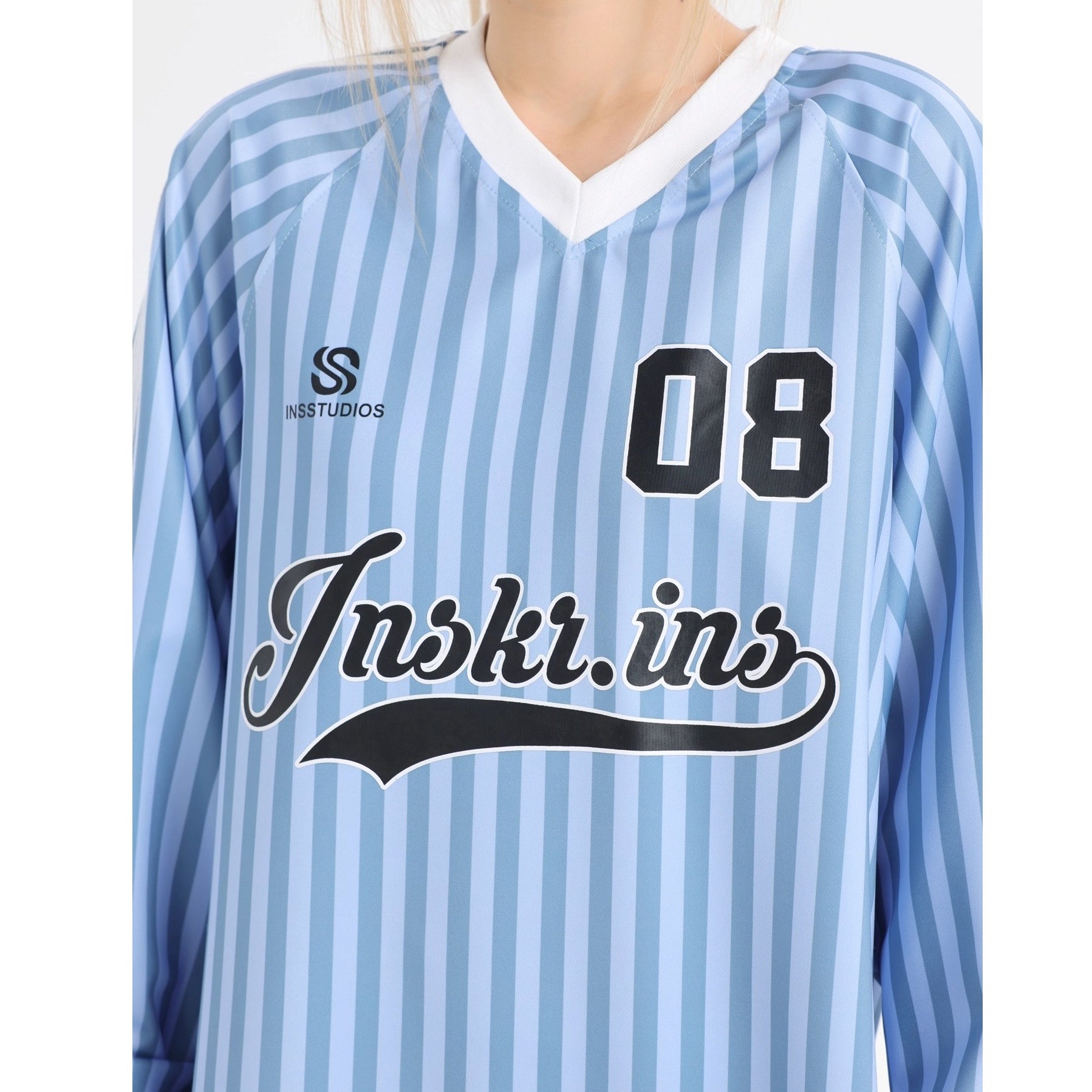 Stripe V-Neck Long Sleeve Sporty T-Shirt IN7073