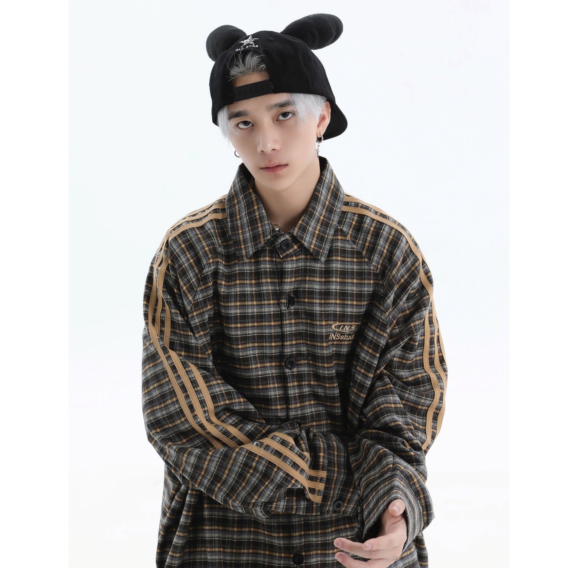 Three-bar Plaid Loose Shirt IN7077