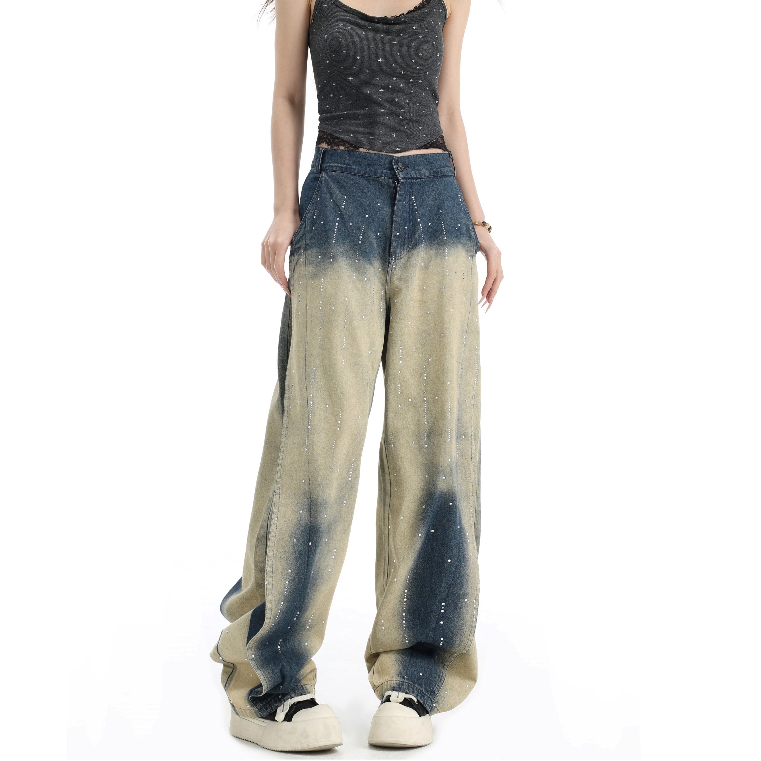 RhineStone Gradient Washed Loose Jeans IN7064