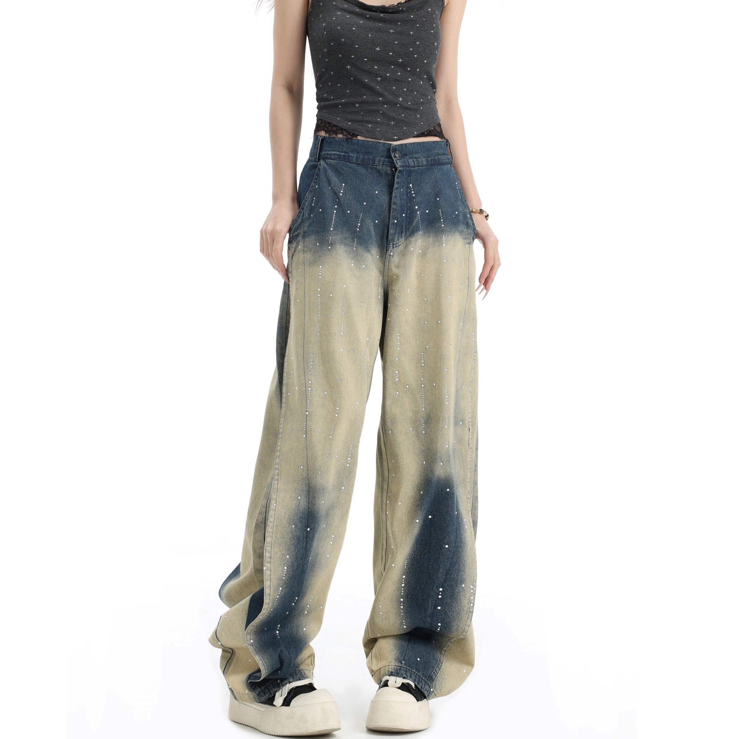 RhineStone Gradient Loose Distressed Washed Jeans IN7068