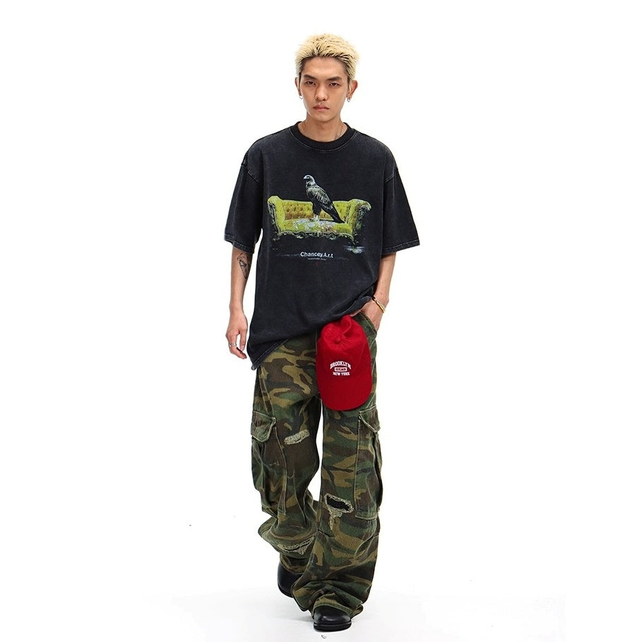 Bird Print Wash Loose T-shirt BL1039