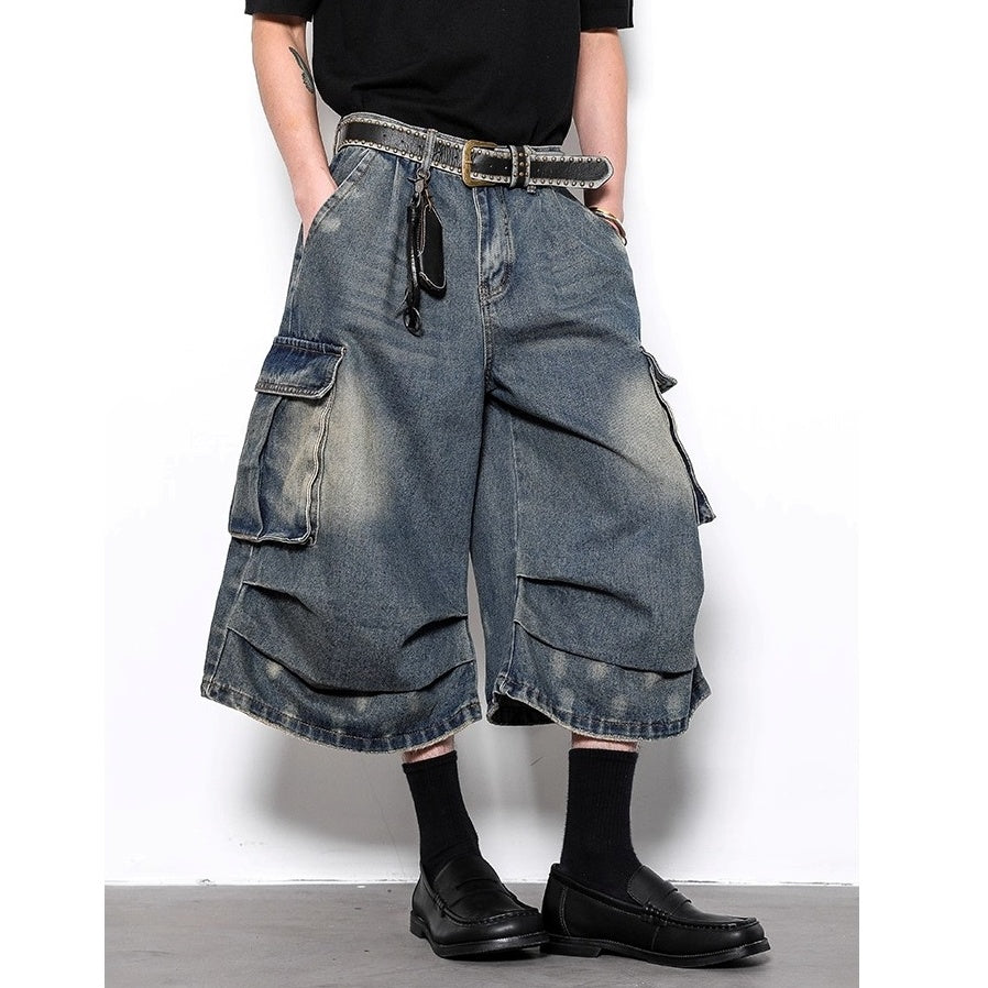 Washed Pleated Cropped Cargo Jeans BL1003