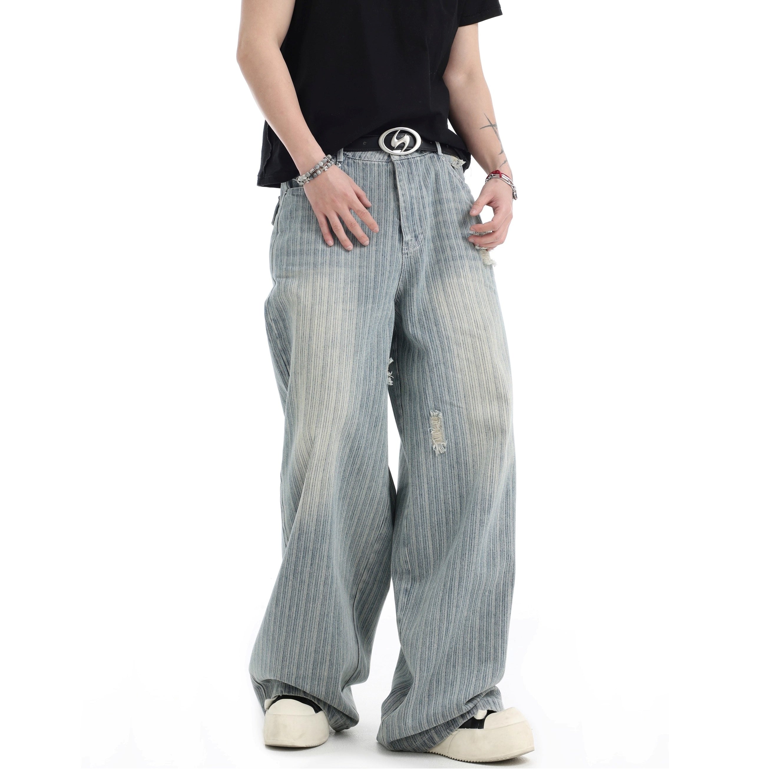 Vintage Vertical Stripe Loose Ripped Jeans IN7063