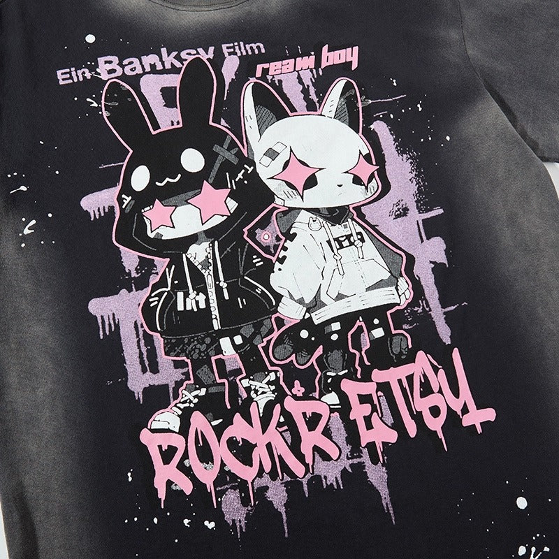 Washed Distressed Cartoon Anime Print T-shirt NH7004