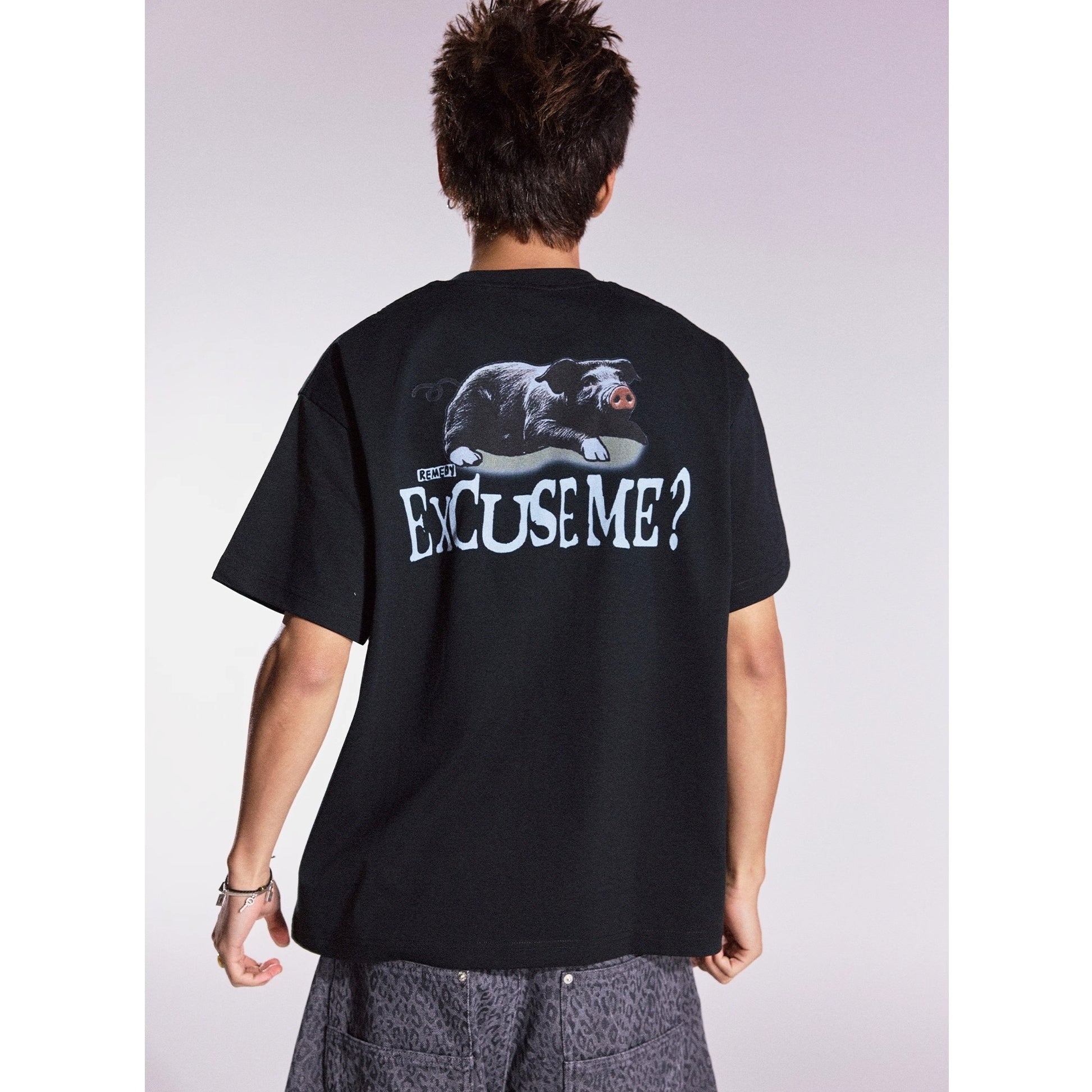 Funny Black Pig Print T-shirt MB7358