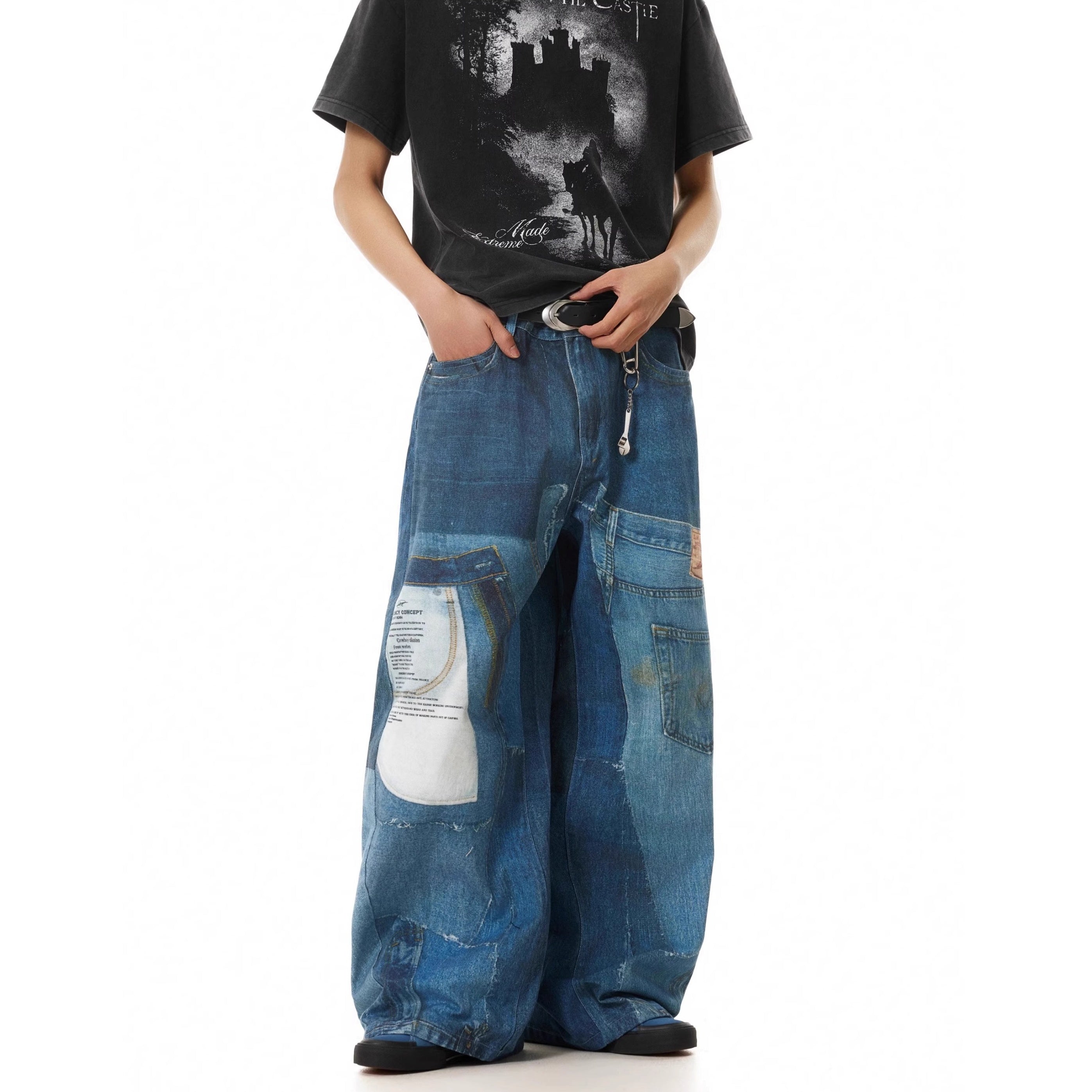 3D Digital Patchwork Print Baggy Loose Jeans MB7374