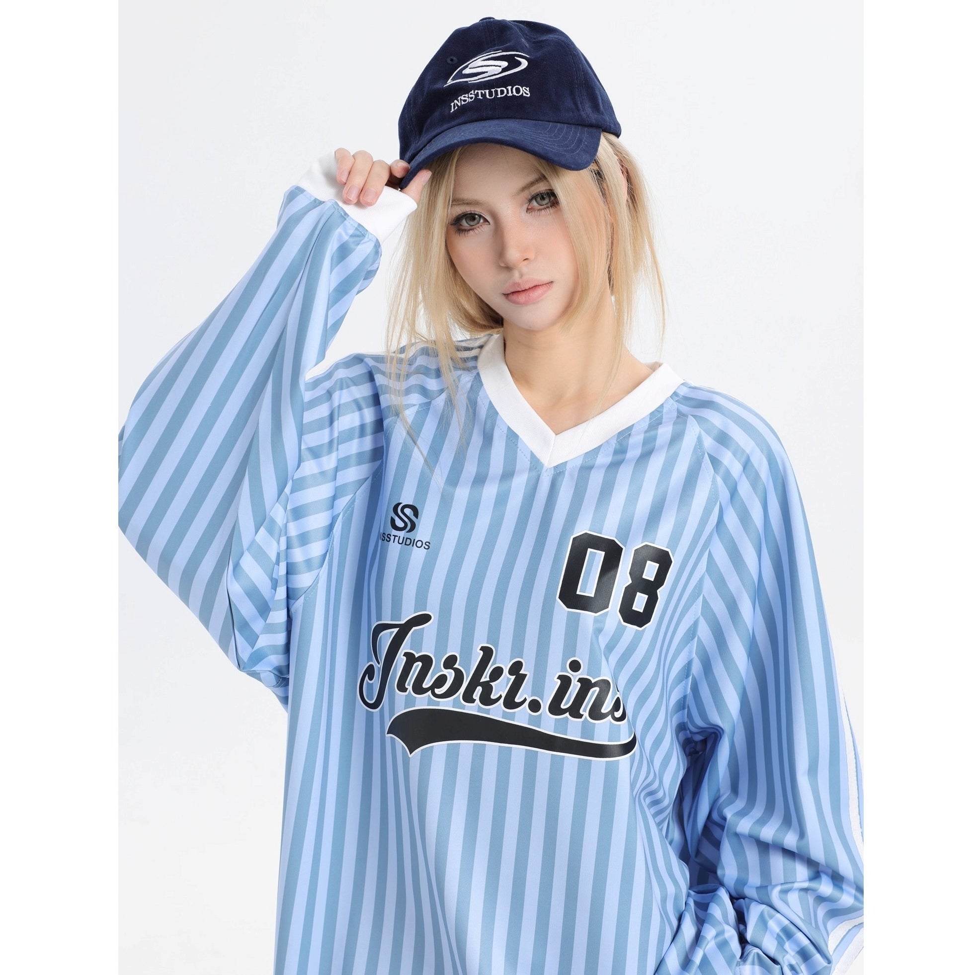 Stripe V-Neck Long Sleeve Sporty T-Shirt IN7073