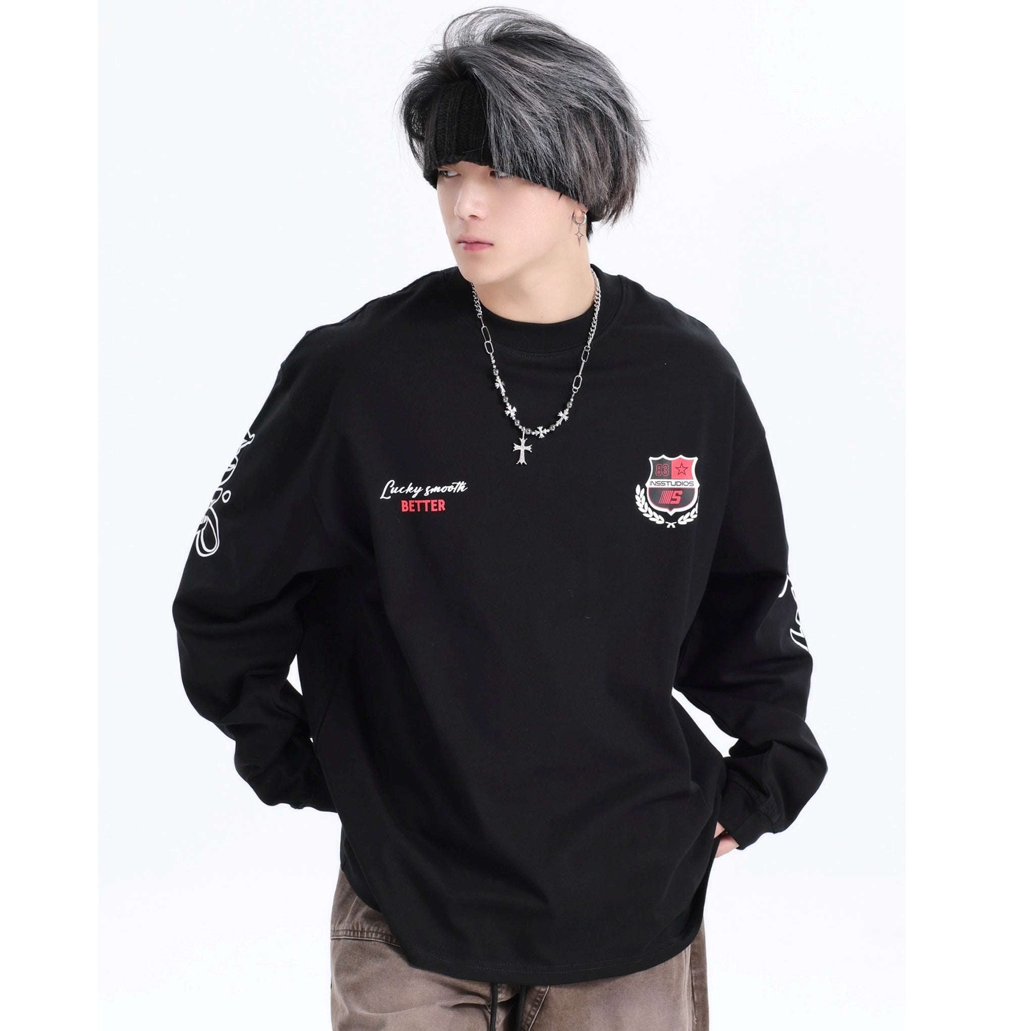 Retro Badge Print LOGO Long Sleeve T-Shirt IN7072