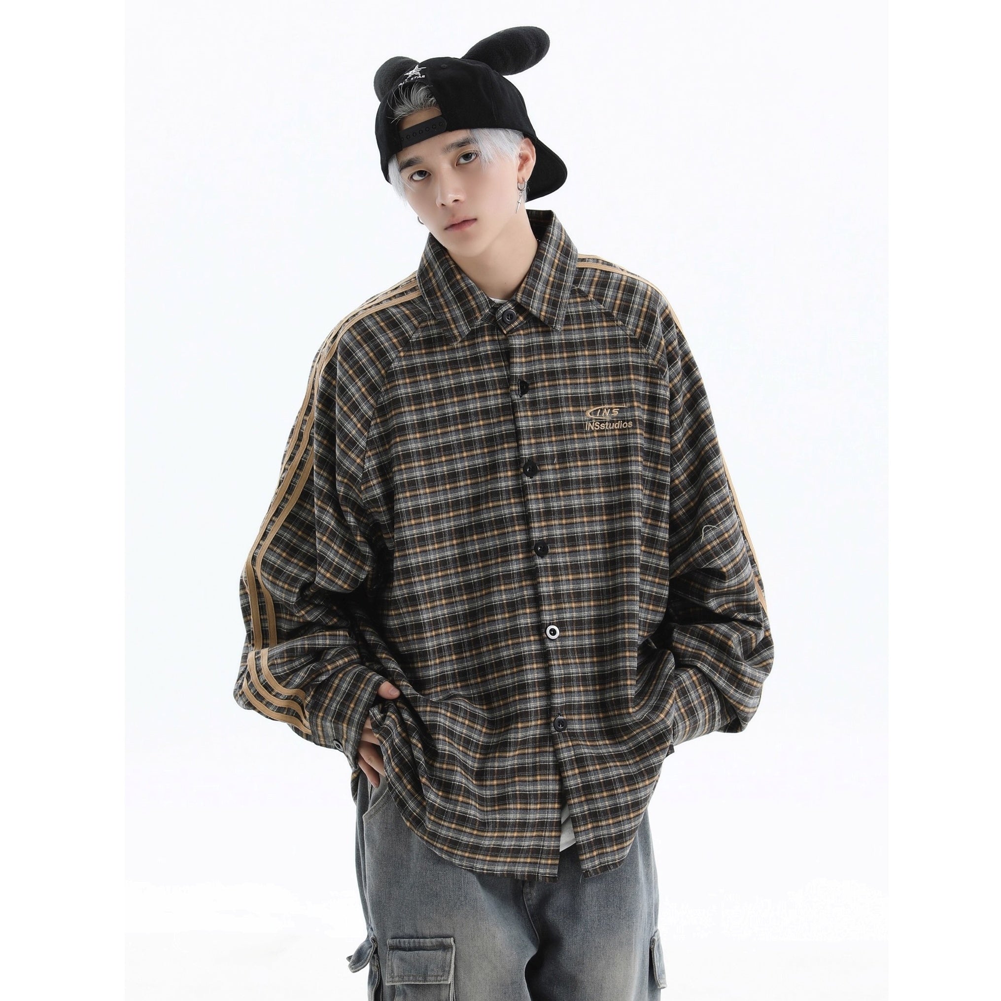 Three-bar Plaid Loose Shirt IN7077