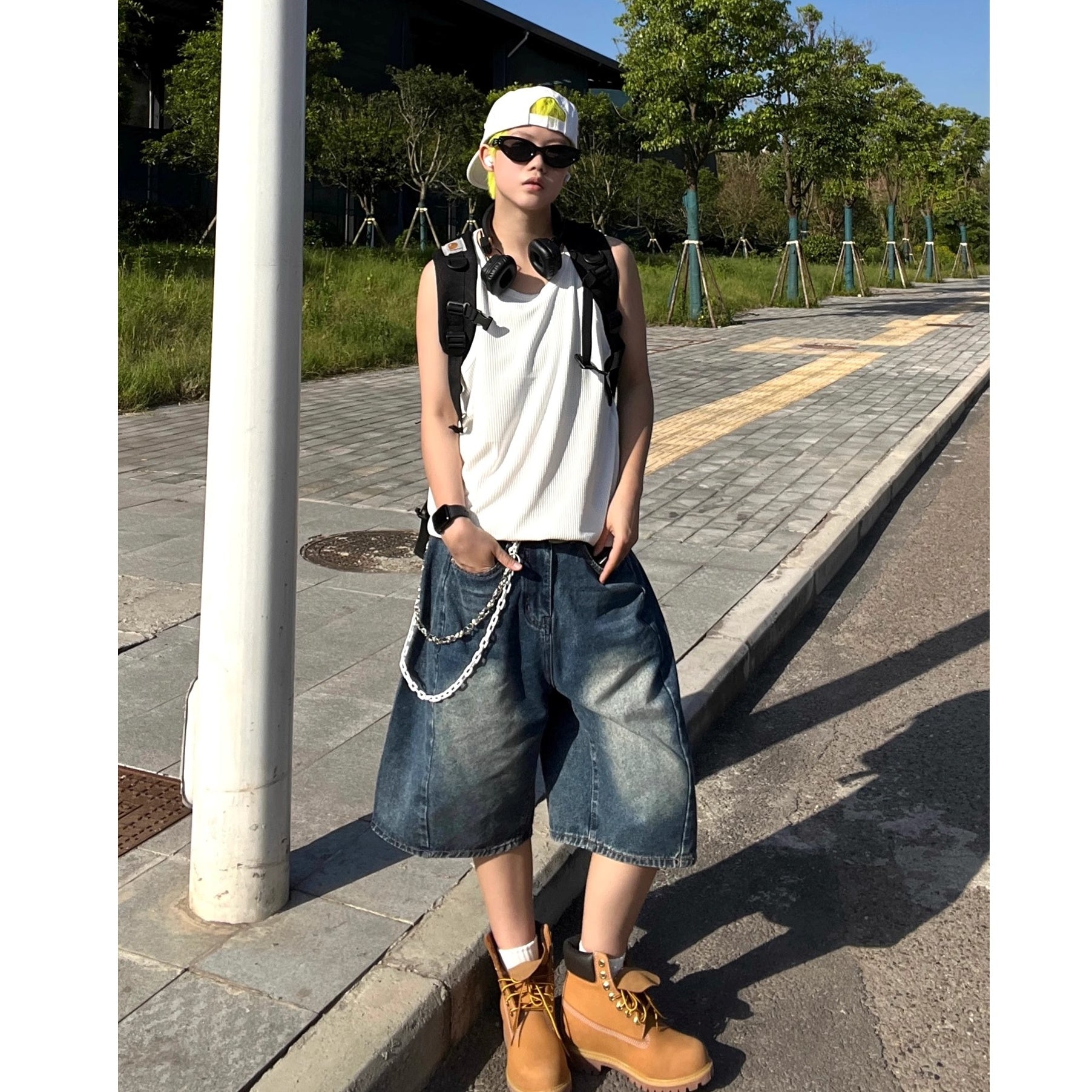 Retro Wash Denim Wide Half Pants EAT175
