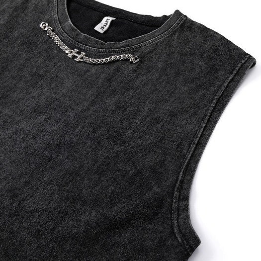 Neck Chain Wash Ripped Rose Sleeveless T-shirt NH7001