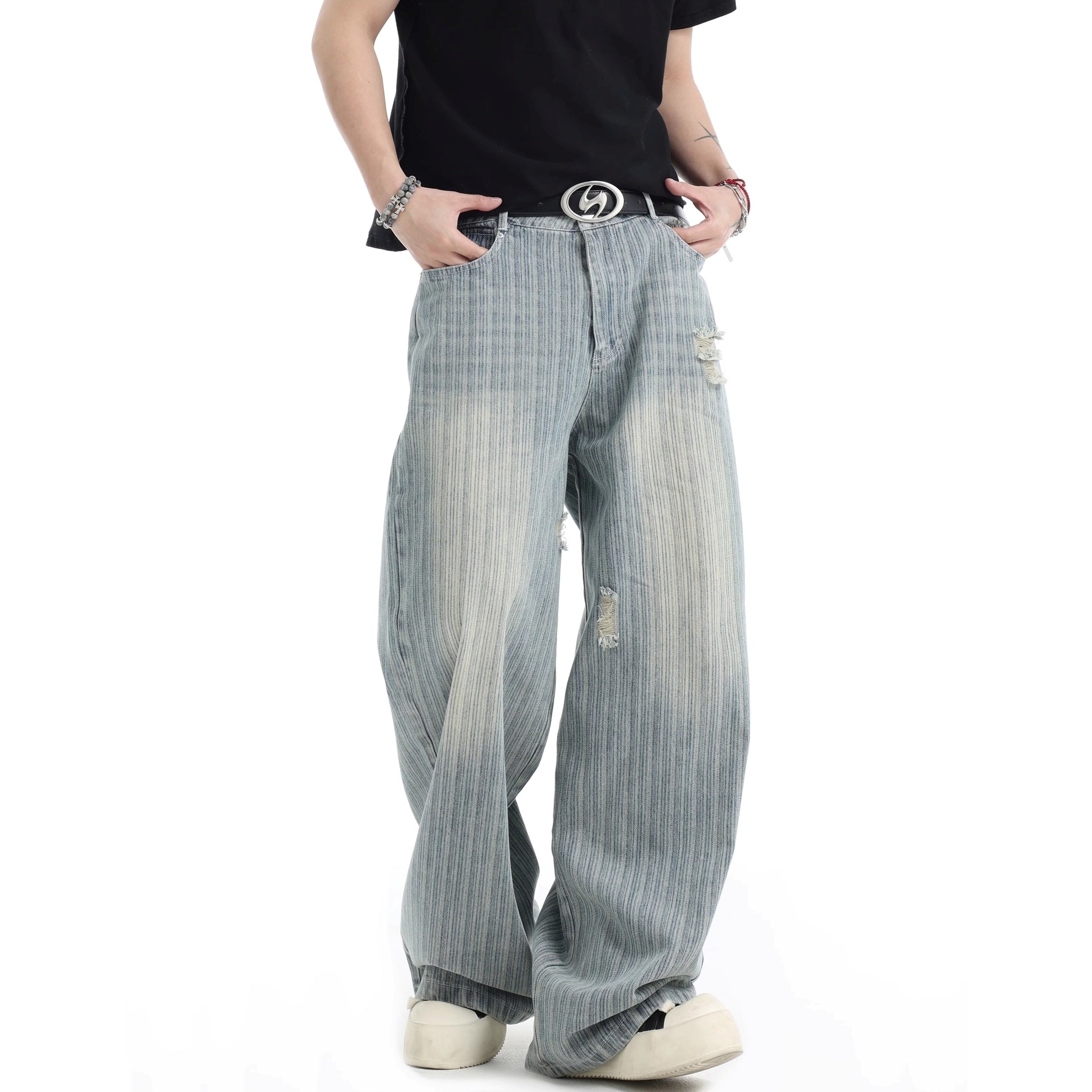 Vintage Vertical Stripe Loose Ripped Jeans IN7063