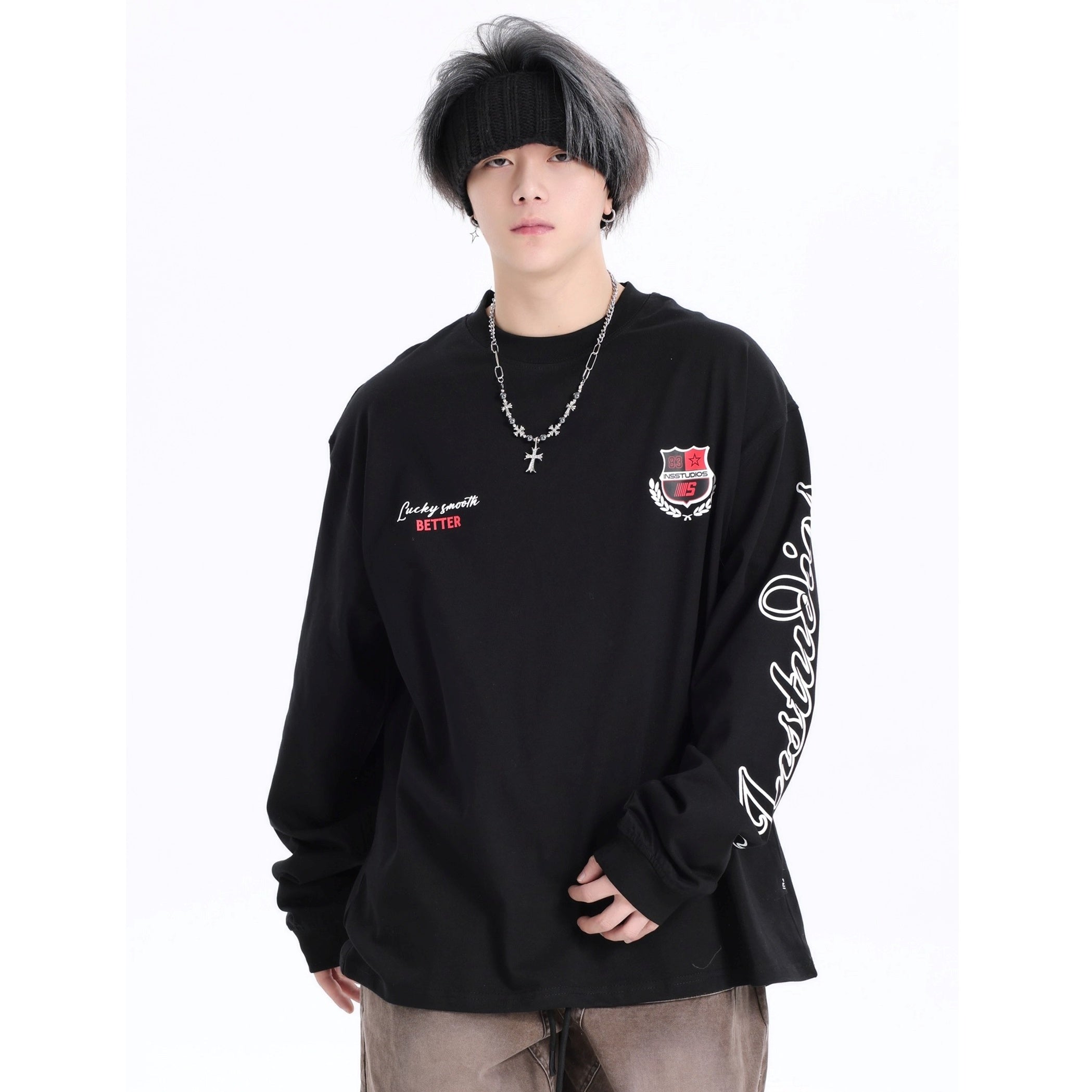 Retro Badge Print LOGO Long Sleeve T-Shirt IN7072