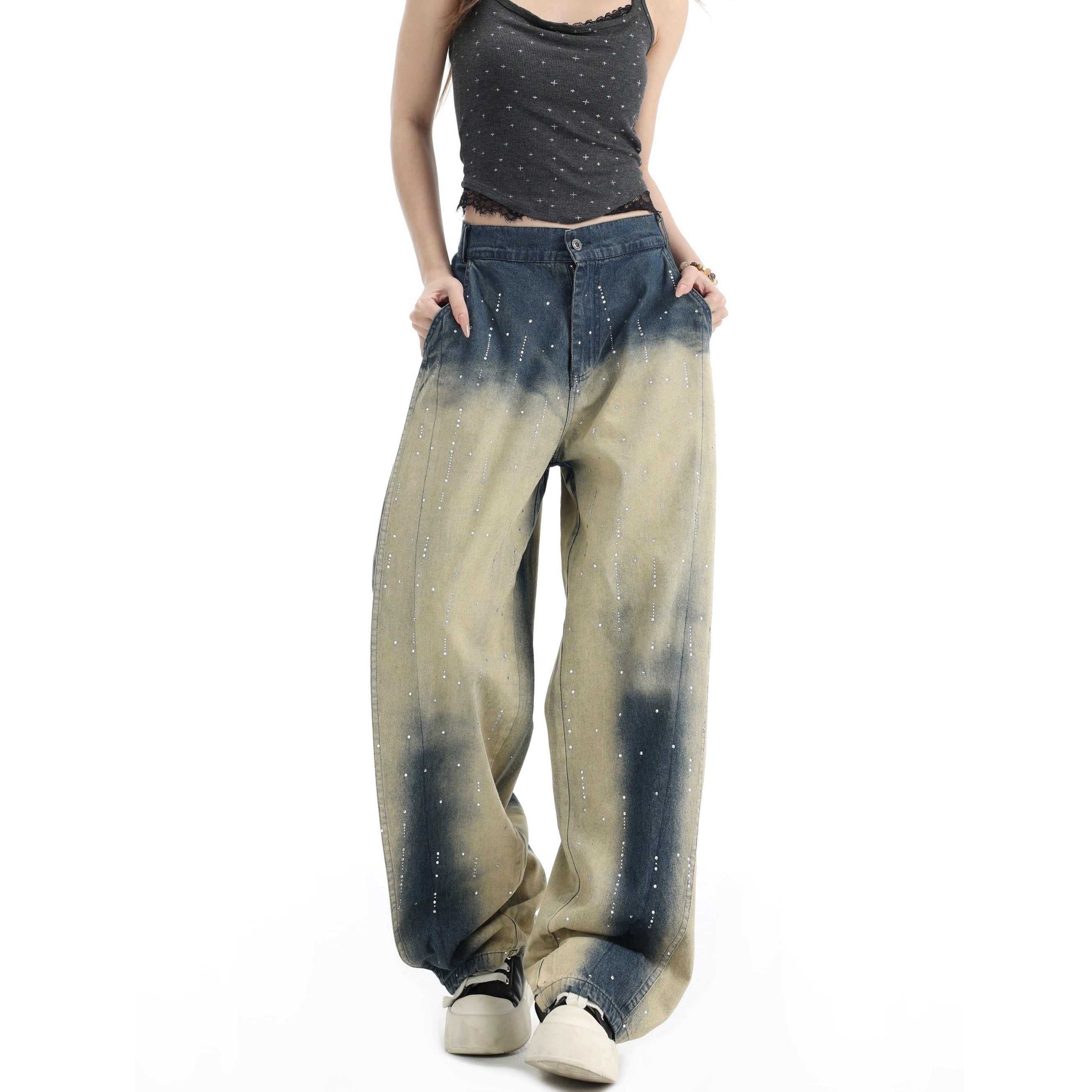 RhineStone Gradient Washed Loose Jeans IN7064