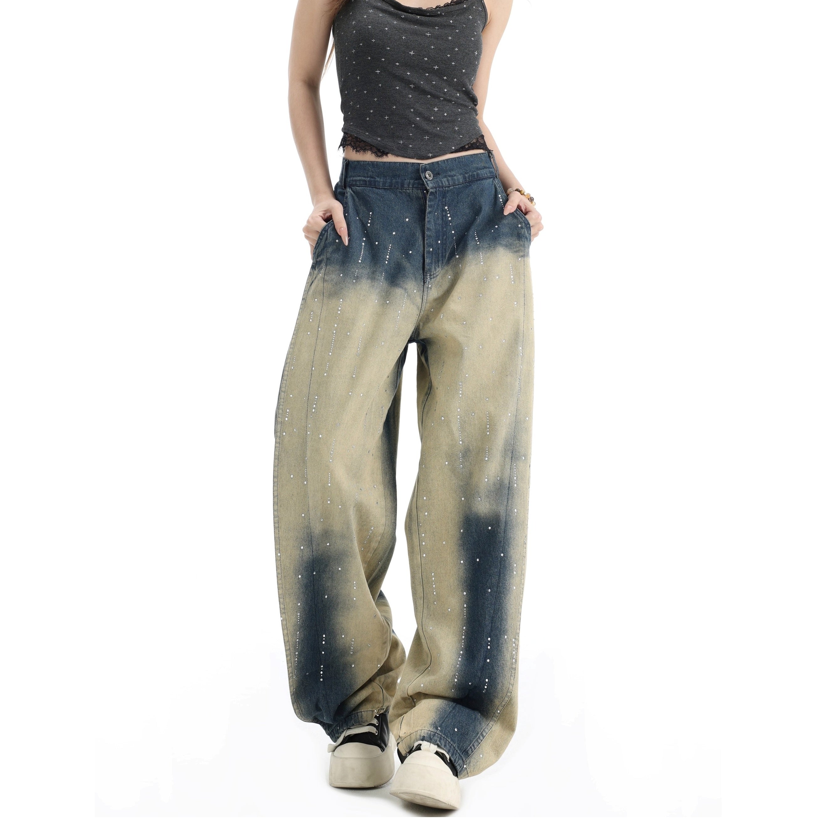 RhineStone Gradient Loose Distressed Washed Jeans IN7068