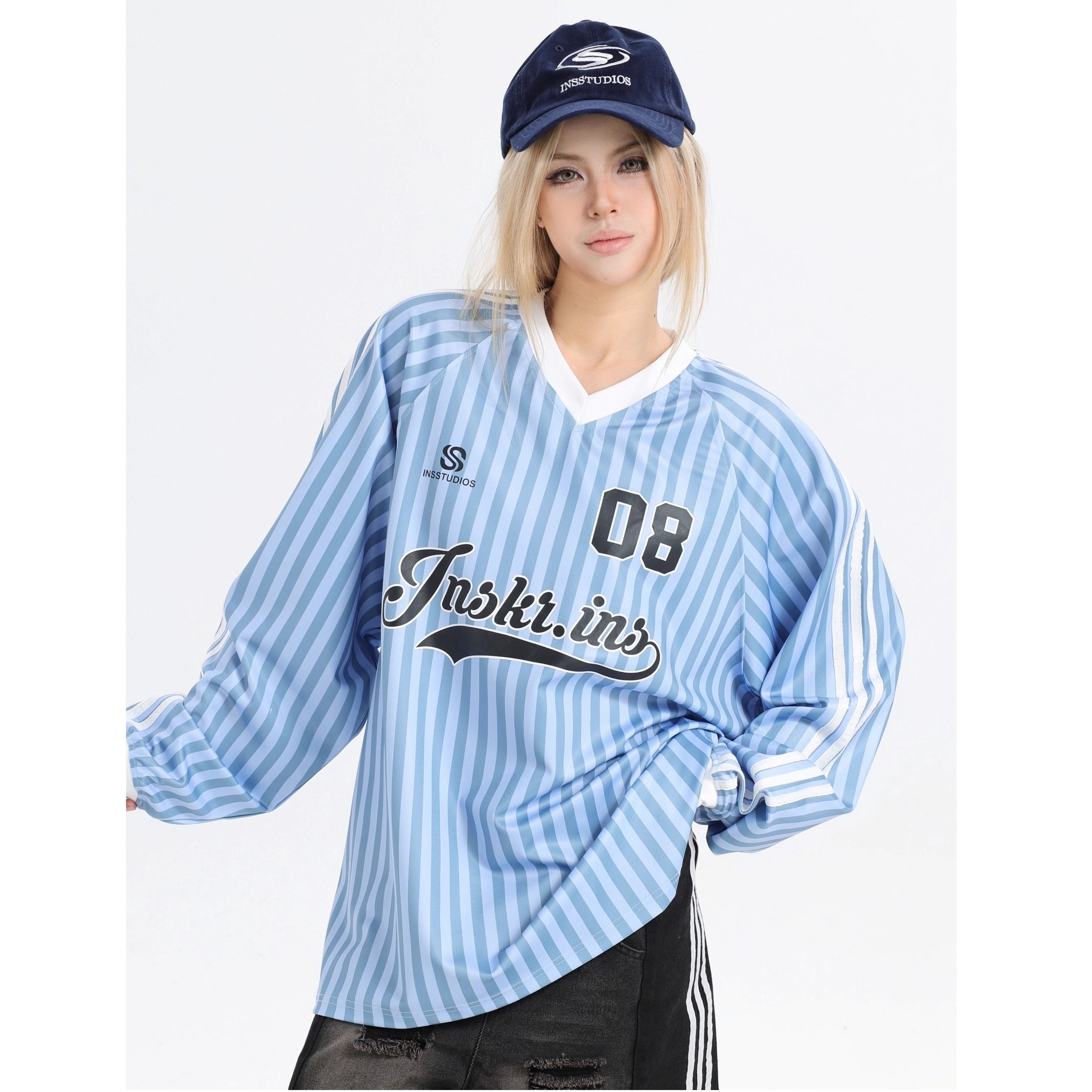 Stripe V-Neck Long Sleeve Sporty T-Shirt IN7073