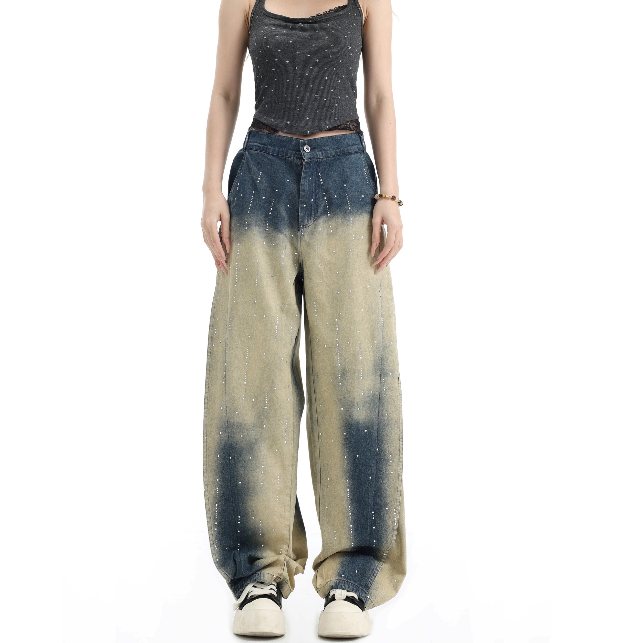 RhineStone Gradient Washed Loose Jeans IN7064