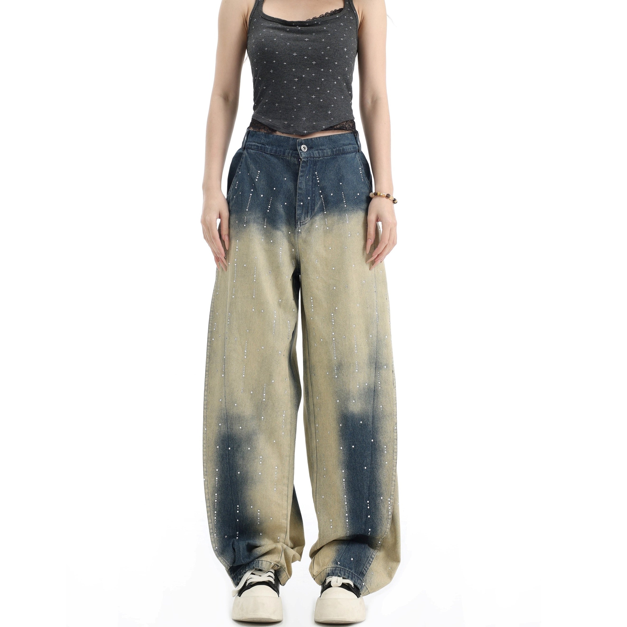 RhineStone Gradient Loose Distressed Washed Jeans IN7068