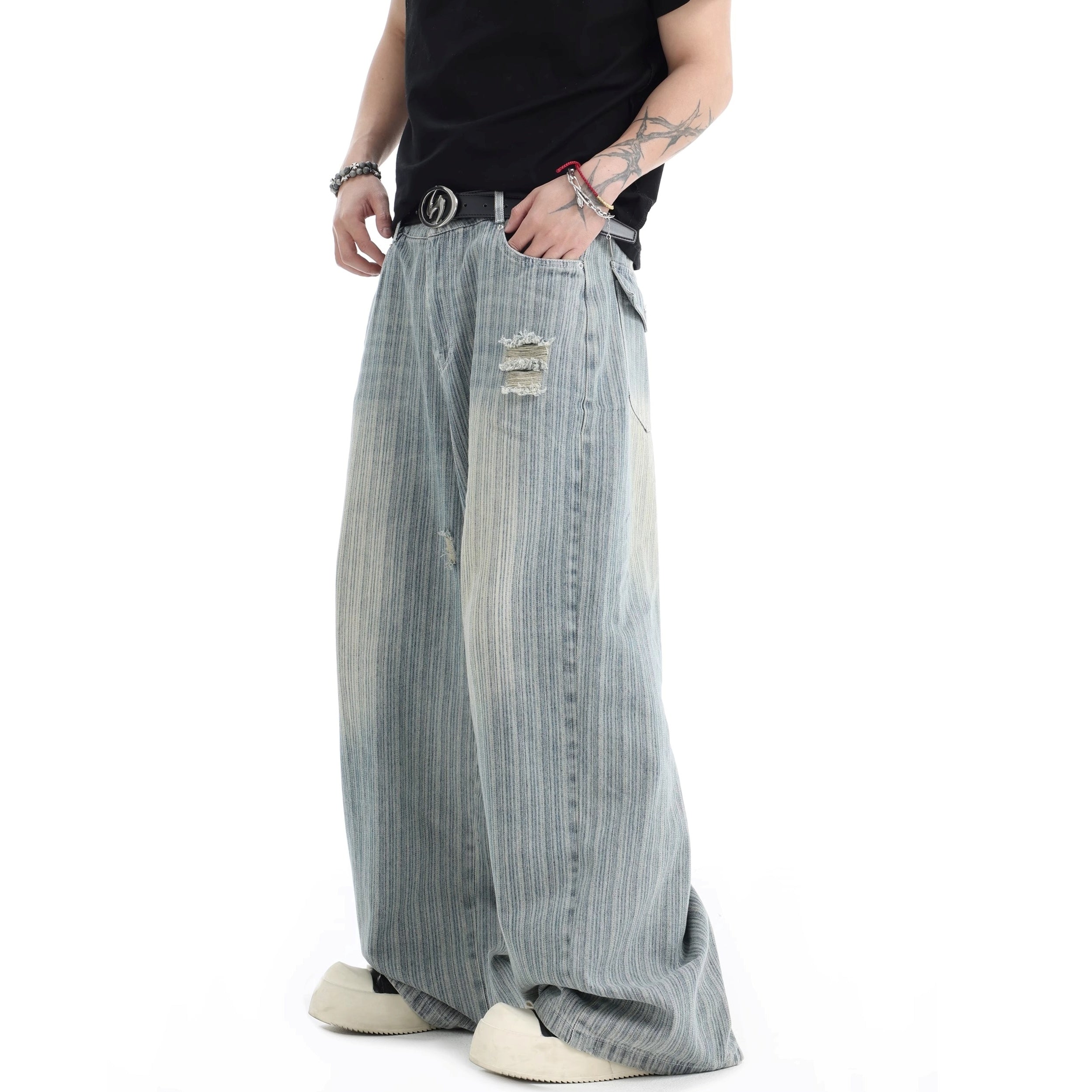 Vintage Vertical Stripe Loose Ripped Jeans IN7063