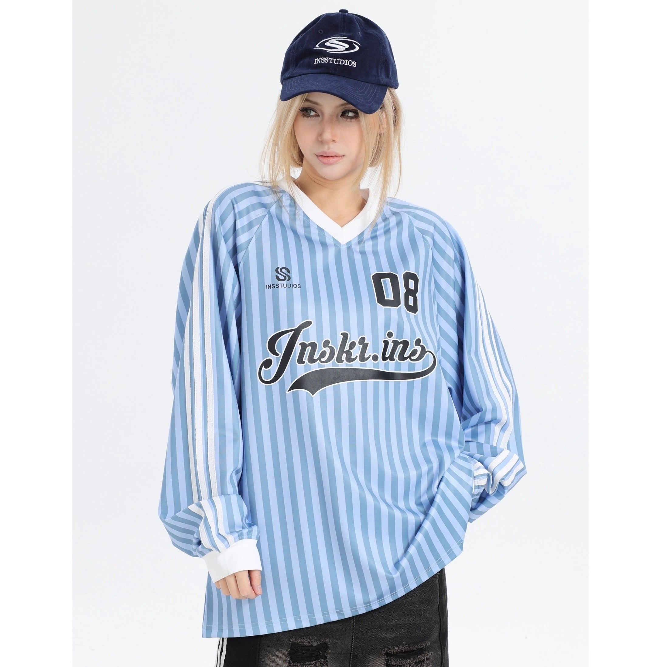 Stripe V-Neck Long Sleeve Sporty T-Shirt IN7073