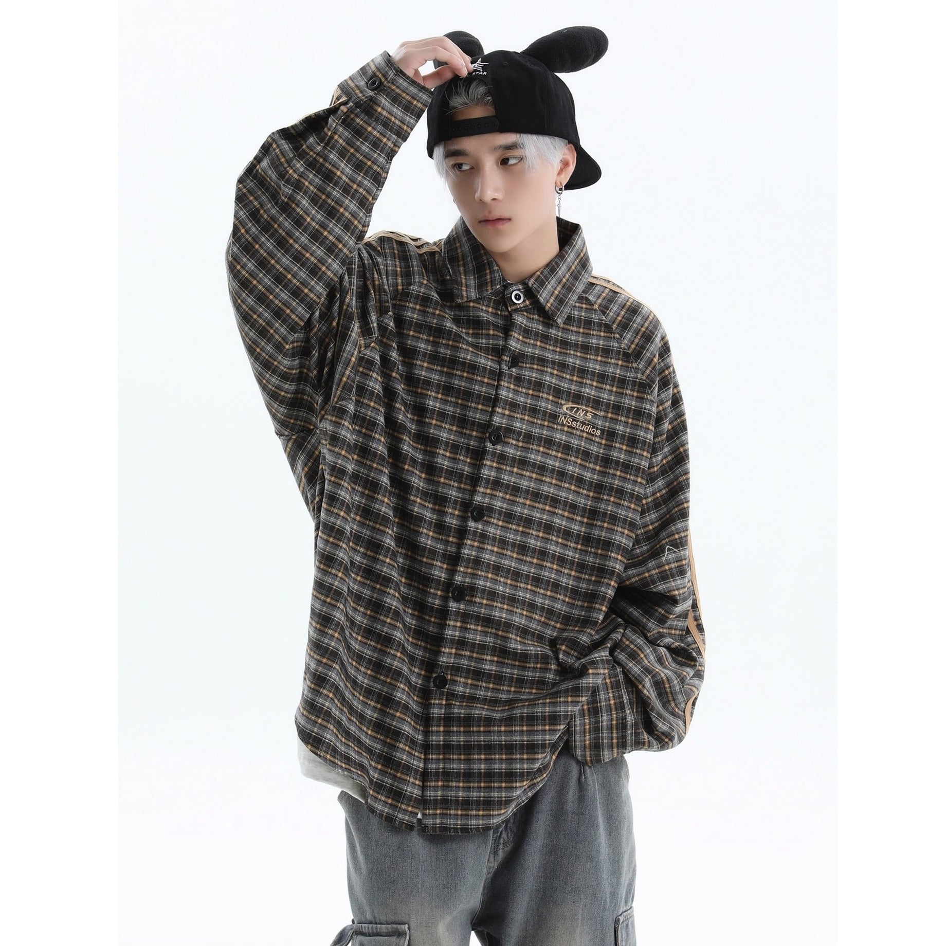 Three-bar Plaid Loose Shirt IN7077