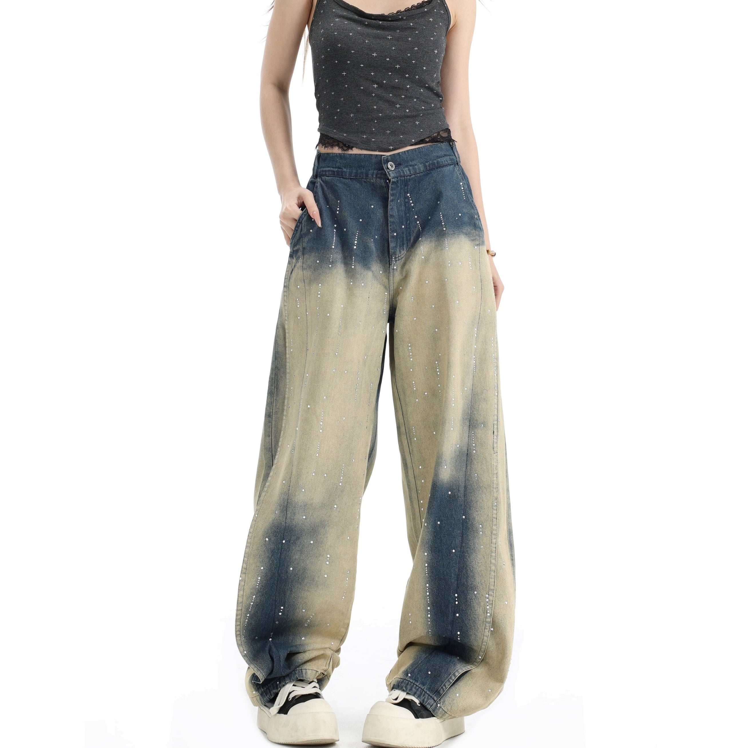 RhineStone Gradient Washed Loose Jeans IN7064