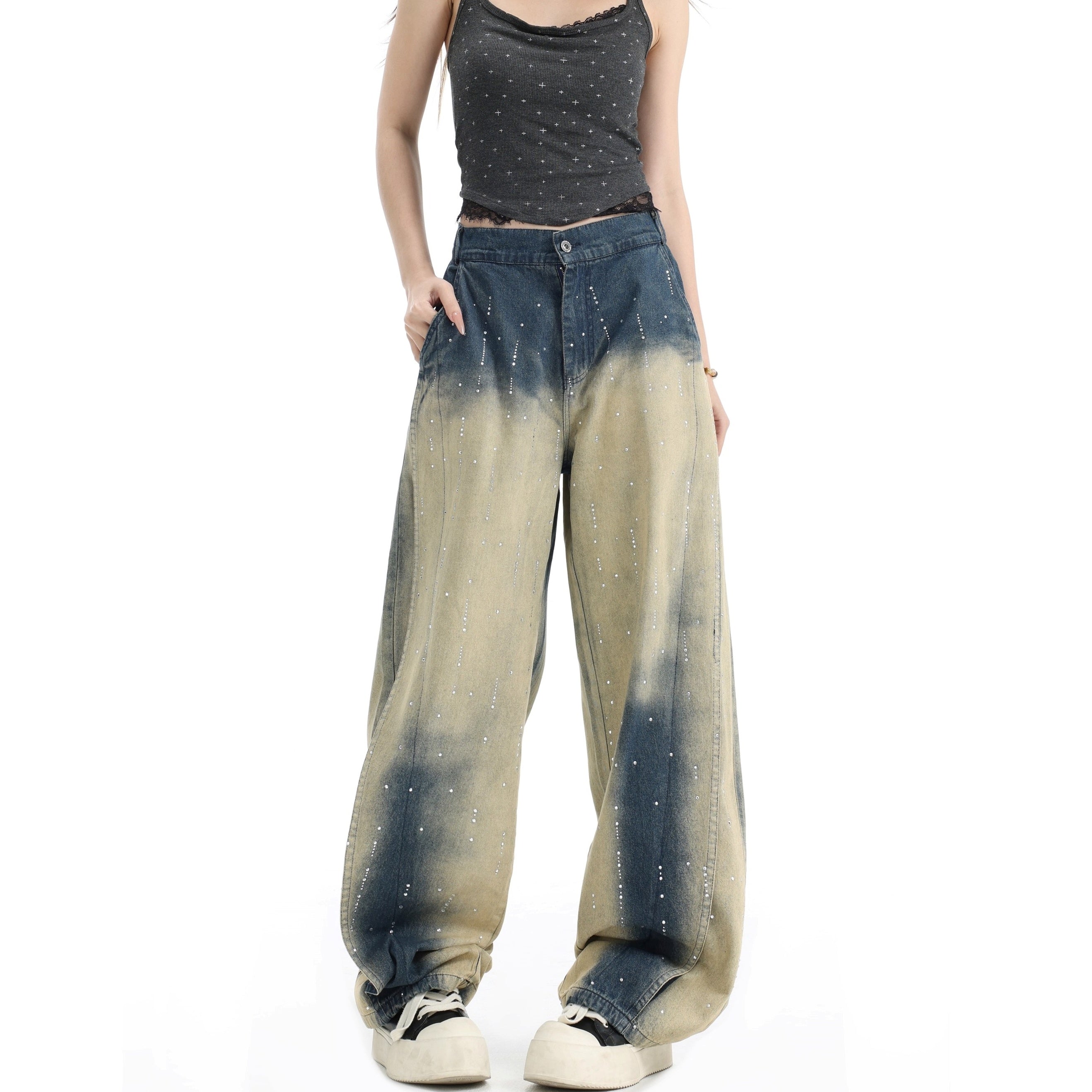 RhineStone Gradient Loose Distressed Washed Jeans IN7068