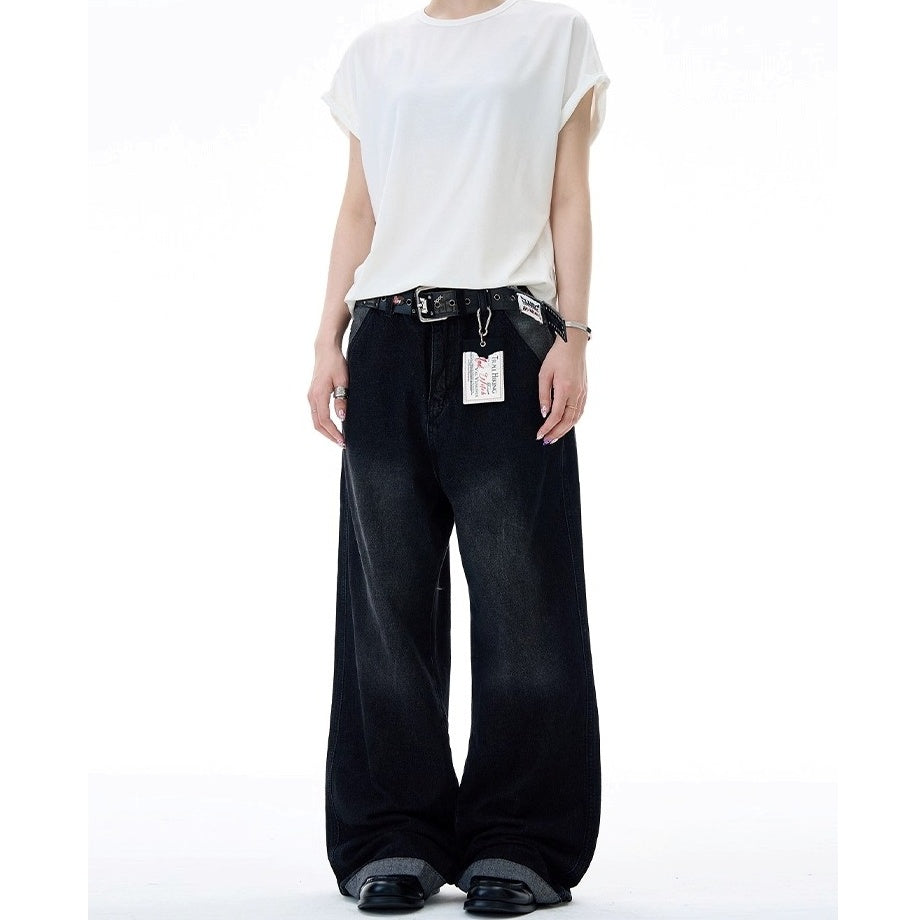 Contrasting Paneled Washed Loose Straight Jeans MD7001
