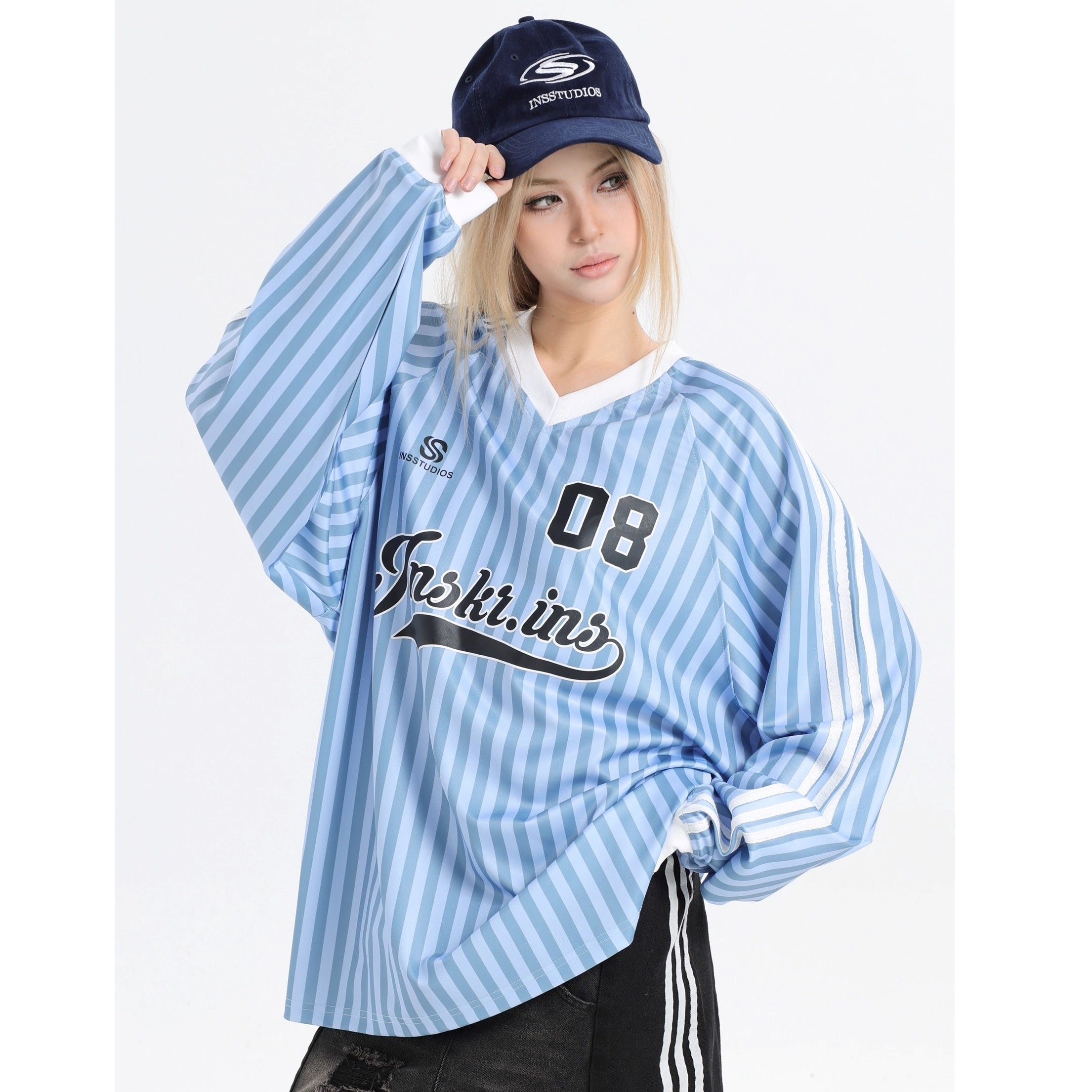 Stripe V-Neck Long Sleeve Sporty T-Shirt IN7073