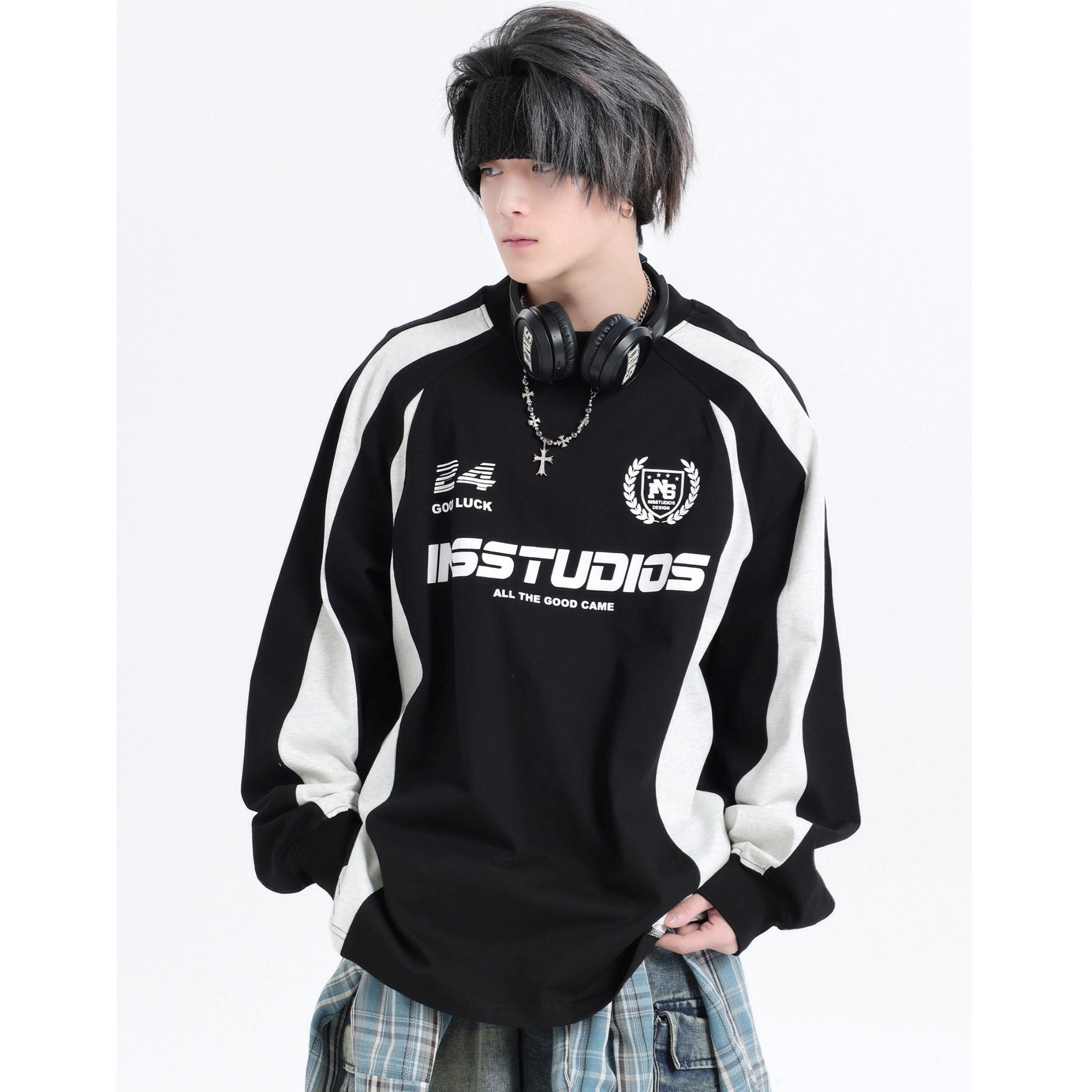 Contrasting Stitching Racing LOGO Long Sleeve T-shirt IN7074