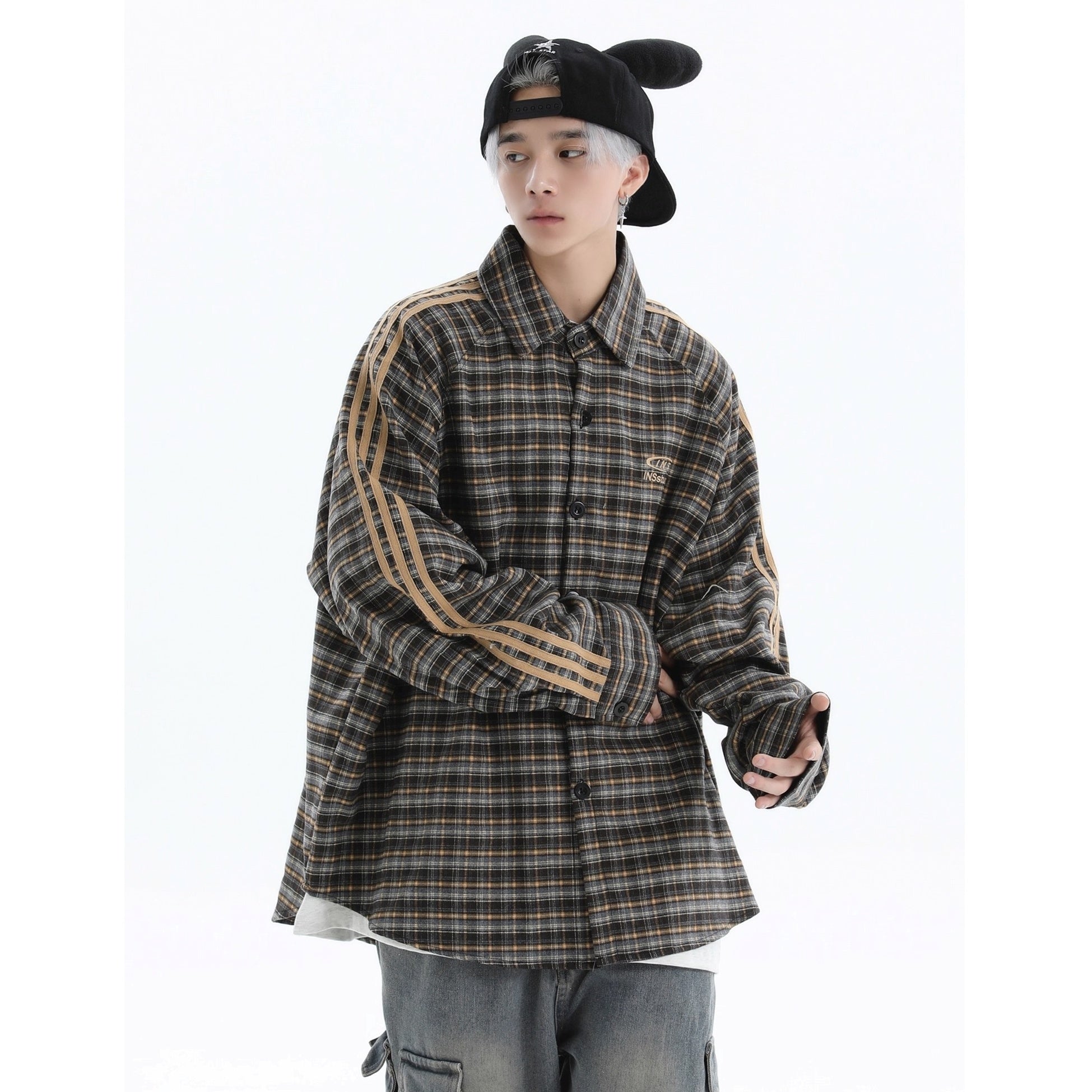 Three-bar Plaid Loose Shirt IN7077