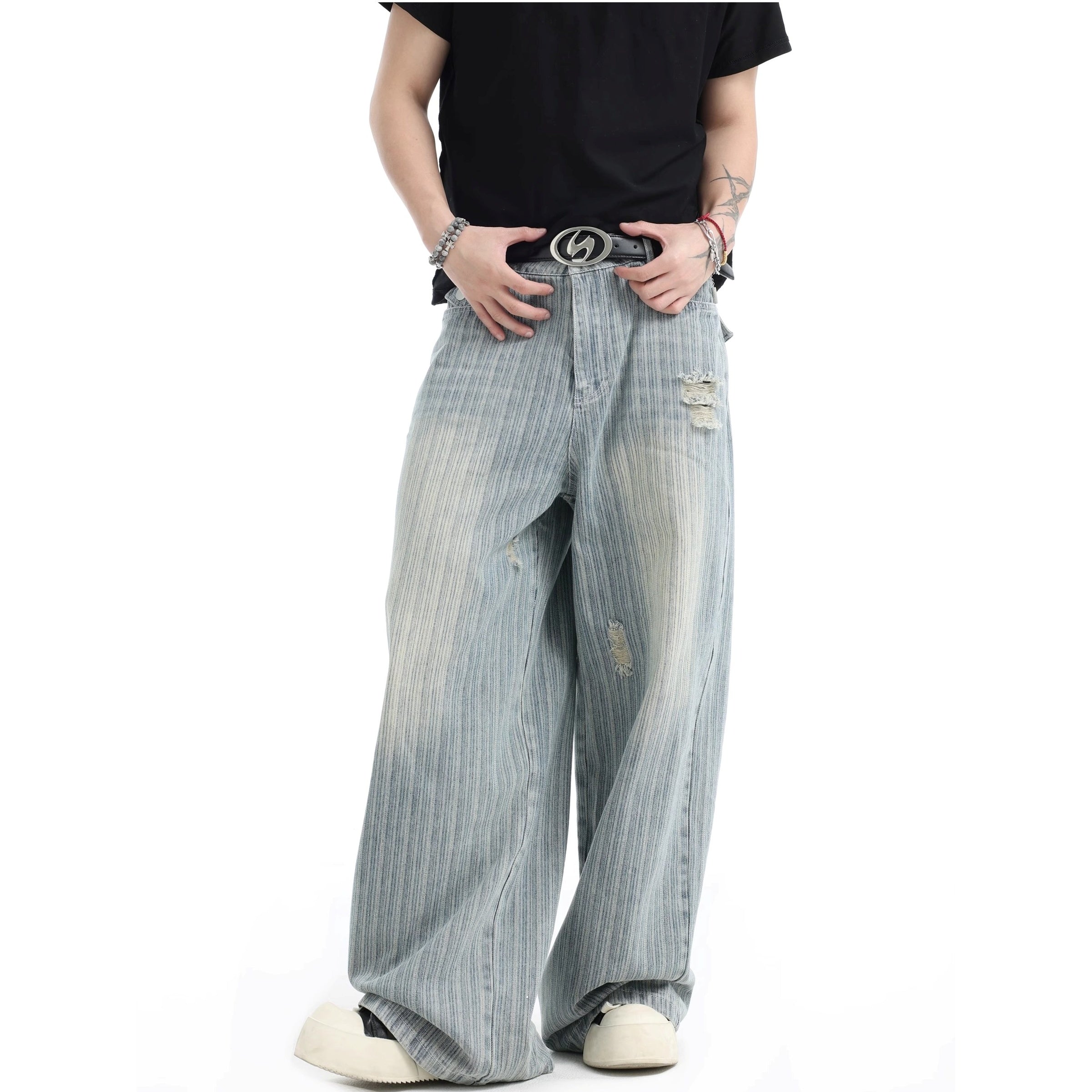 Vintage Vertical Stripe Loose Ripped Jeans IN7063