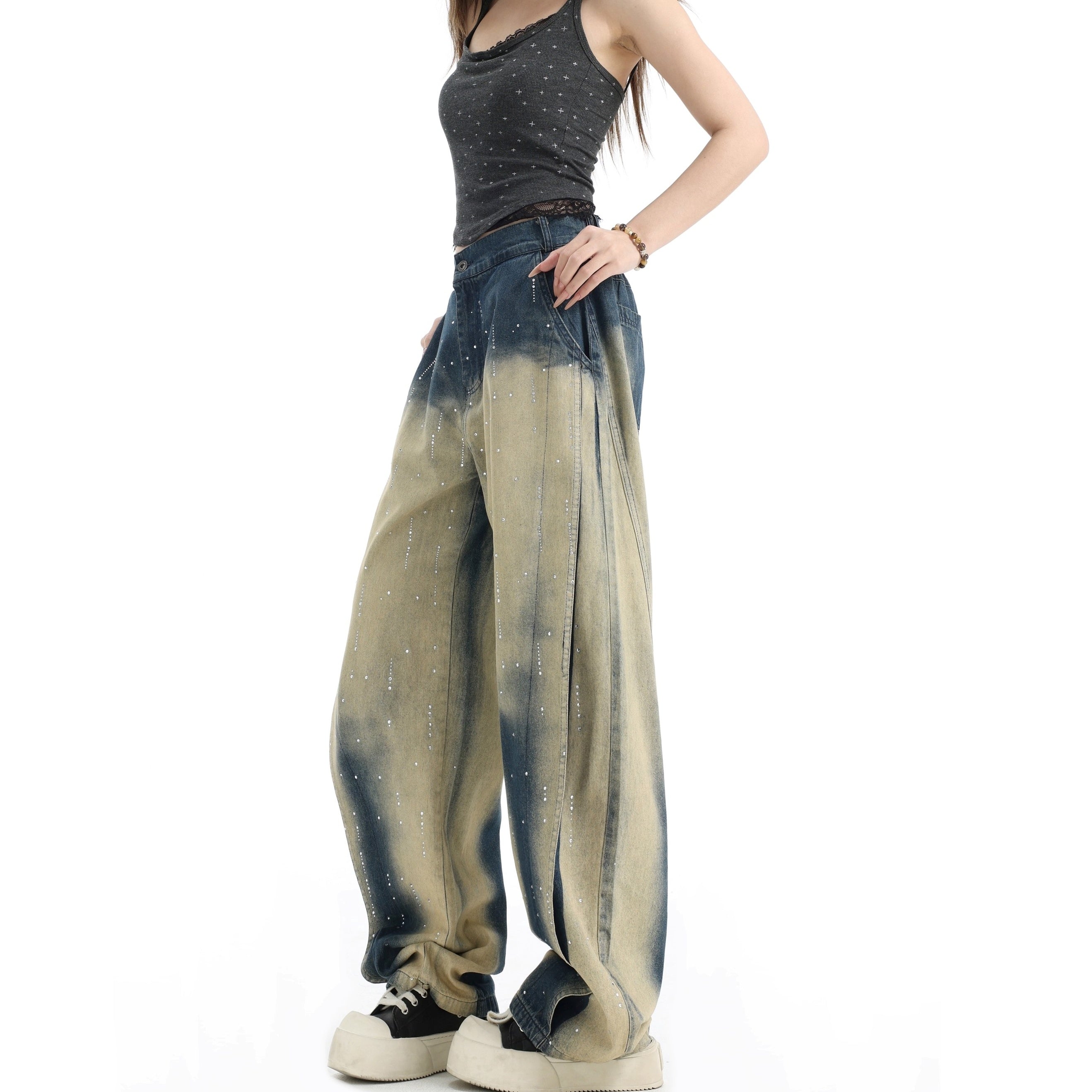 RhineStone Gradient Washed Loose Jeans IN7064