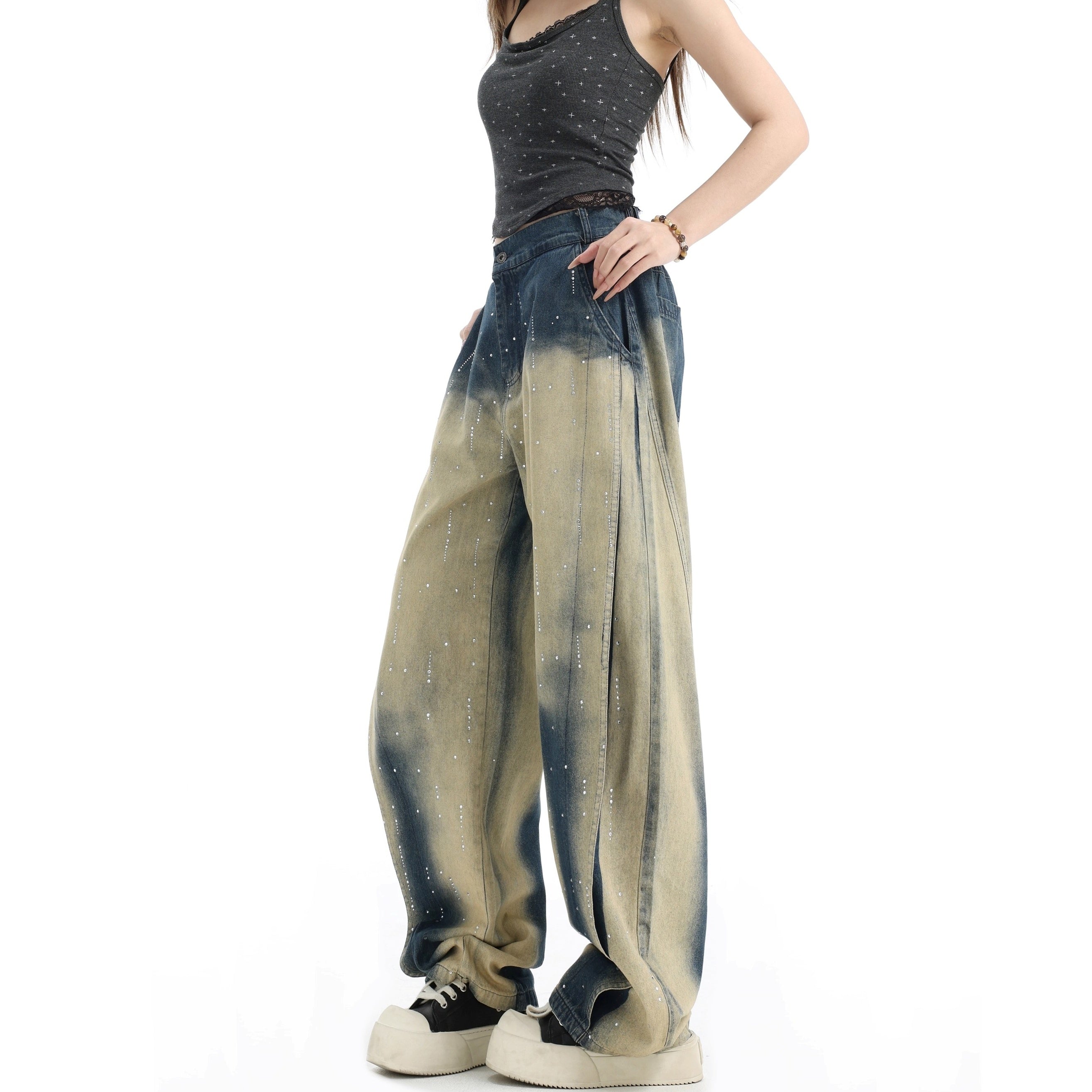 RhineStone Gradient Loose Distressed Washed Jeans IN7068