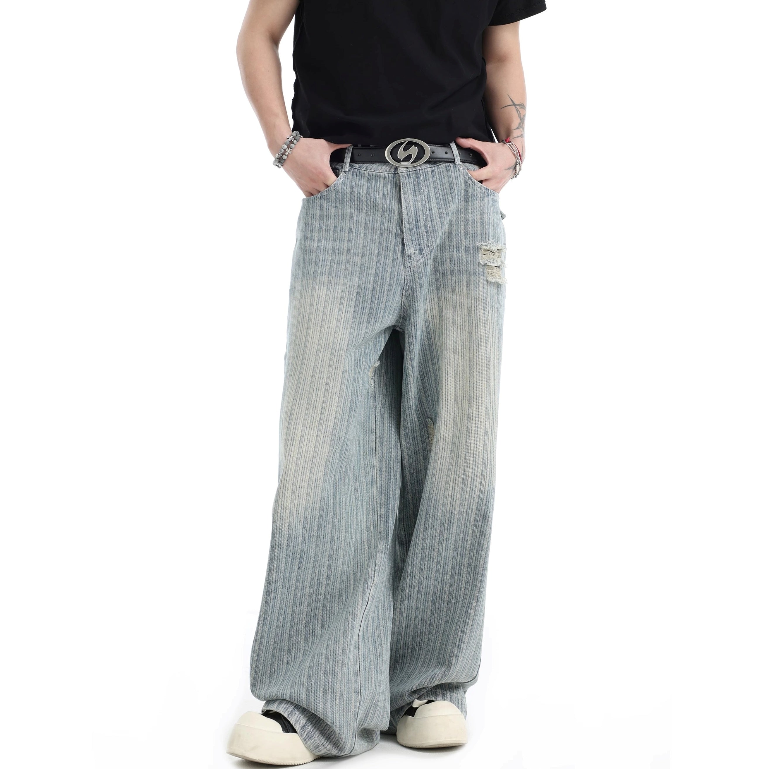 Vintage Vertical Stripe Loose Ripped Jeans IN7063