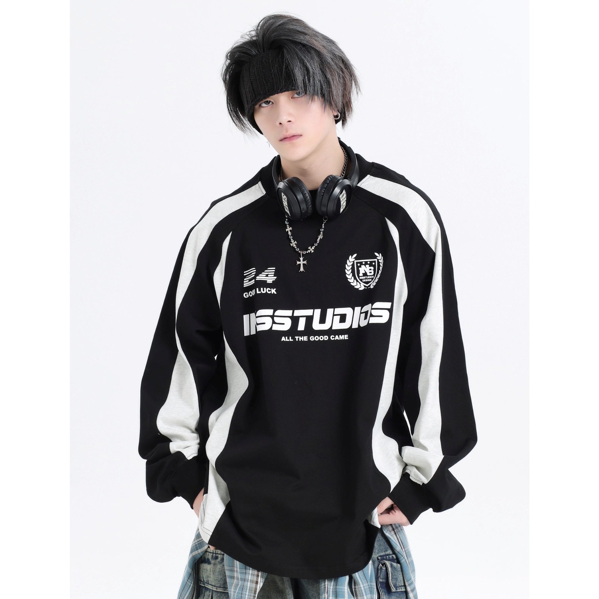 Contrasting Stitching Racing LOGO Long Sleeve T-shirt IN7074