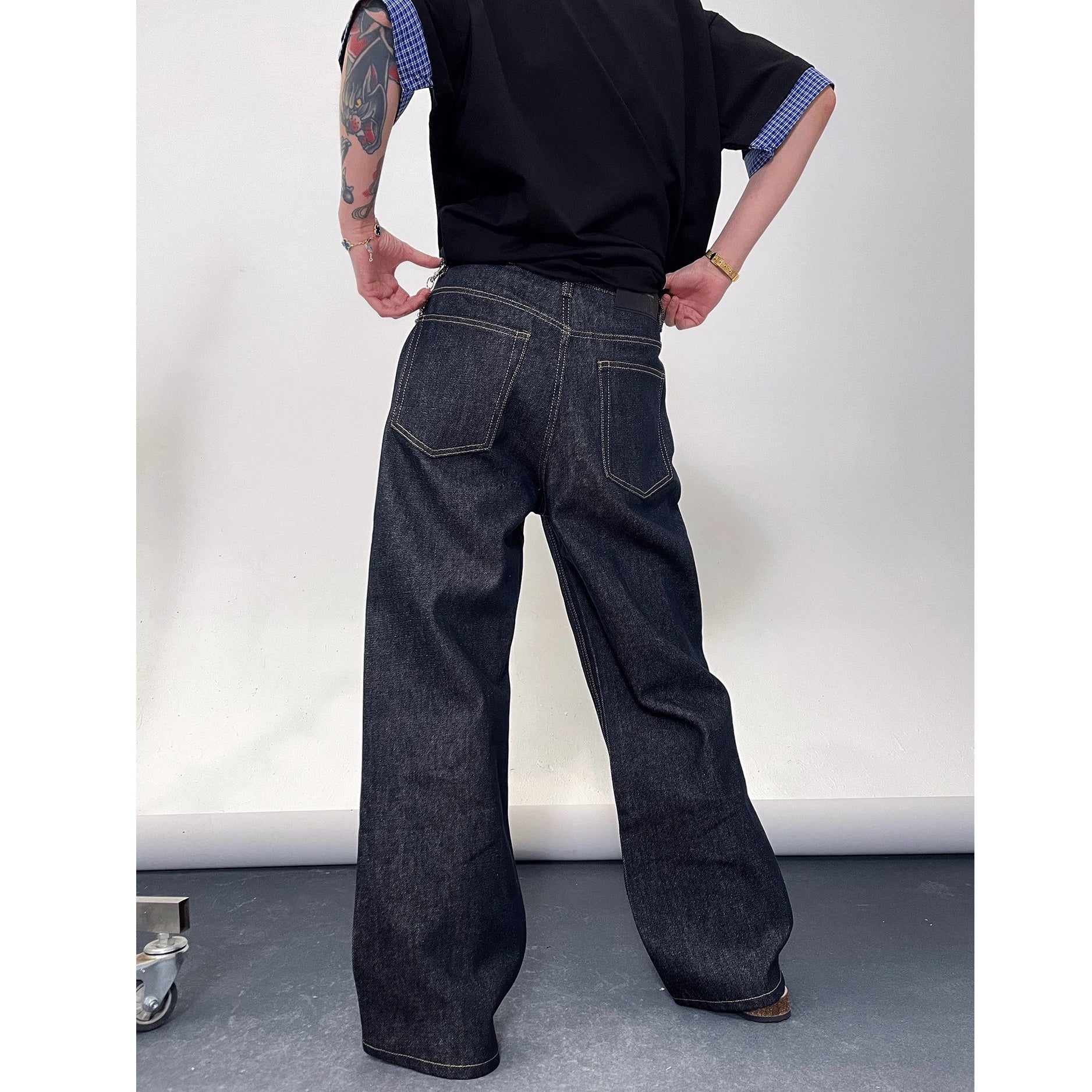 Turquoise Button Stitch Loose Straight Jeans EAT169