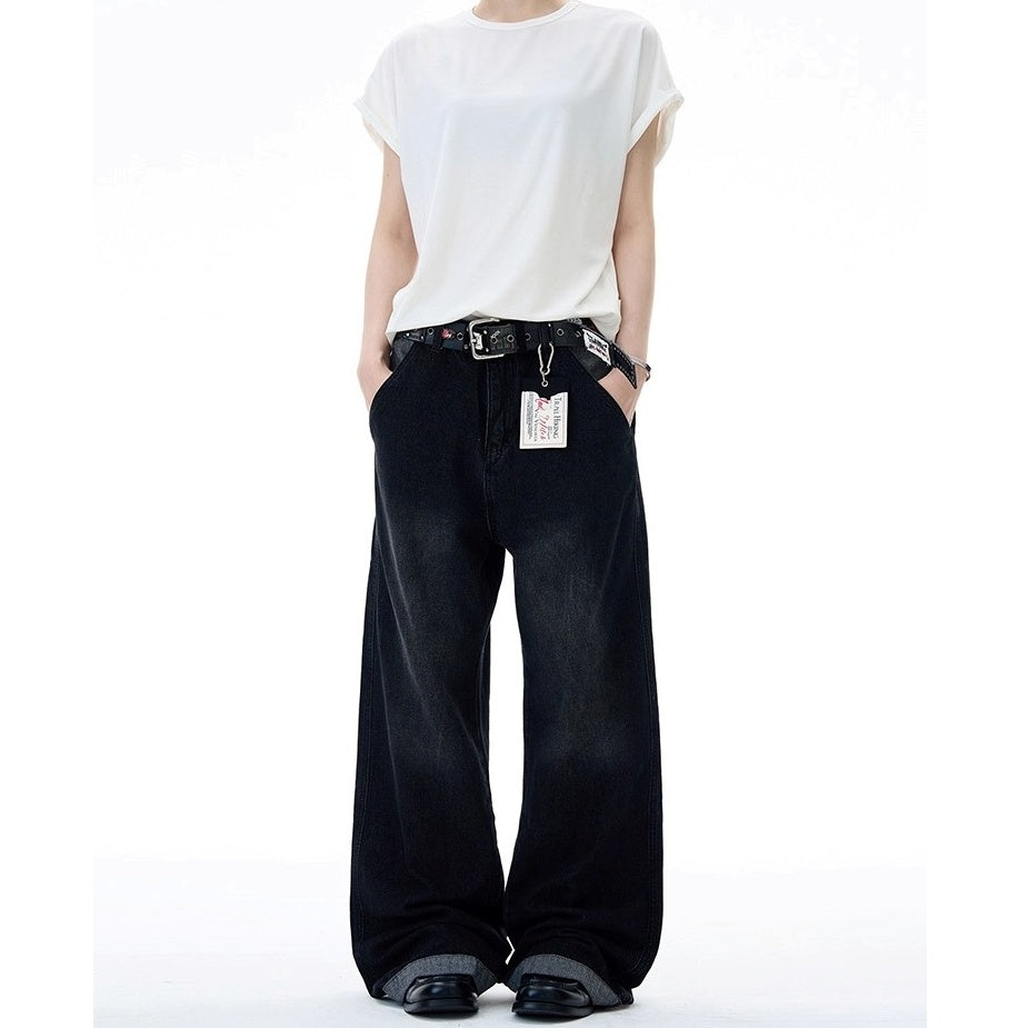 Contrasting Paneled Washed Loose Straight Jeans MD7001