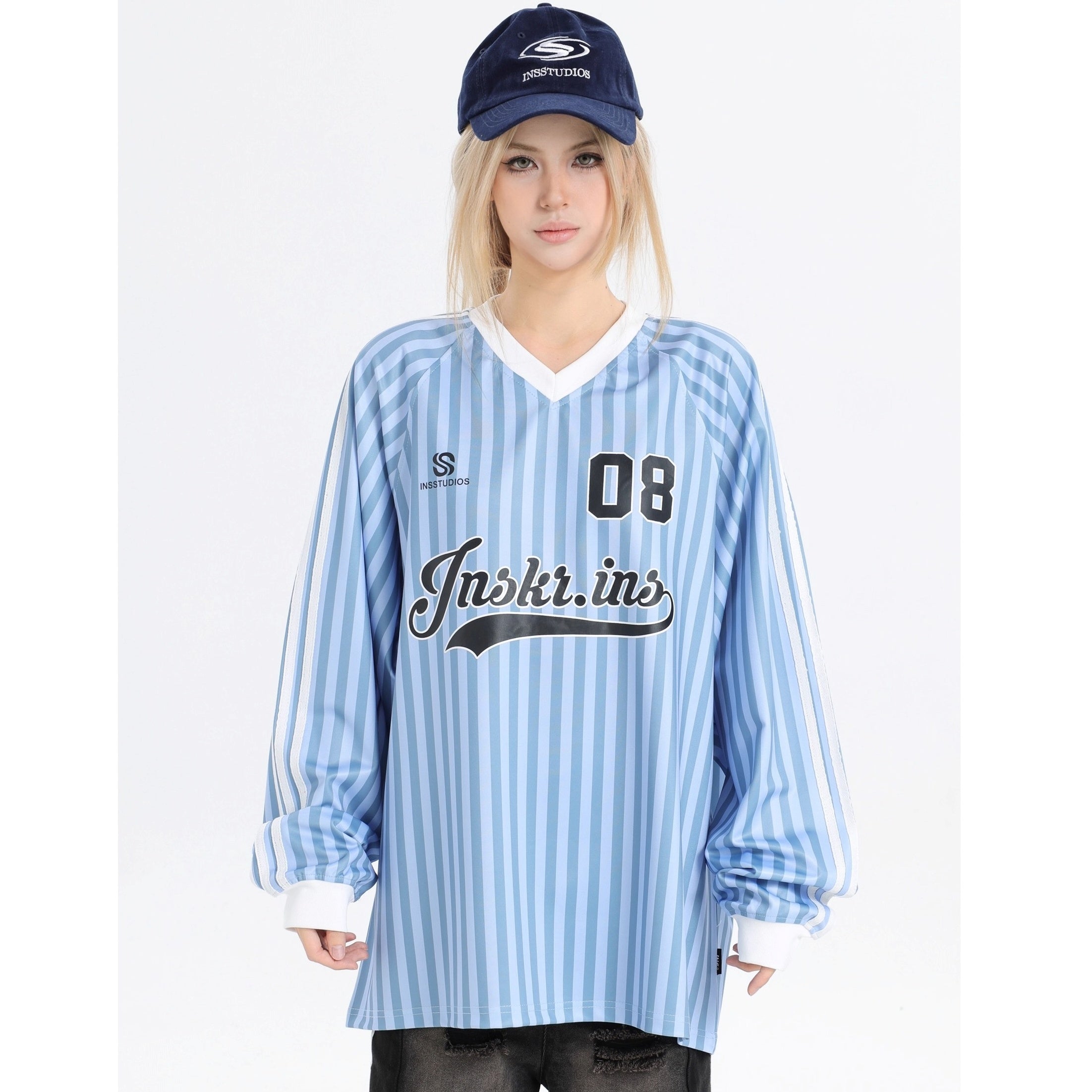 Stripe V-Neck Long Sleeve Sporty T-Shirt IN7073