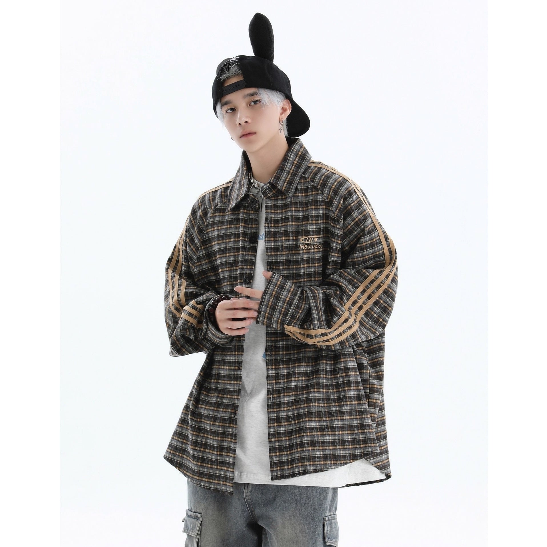Three-bar Plaid Loose Shirt IN7077