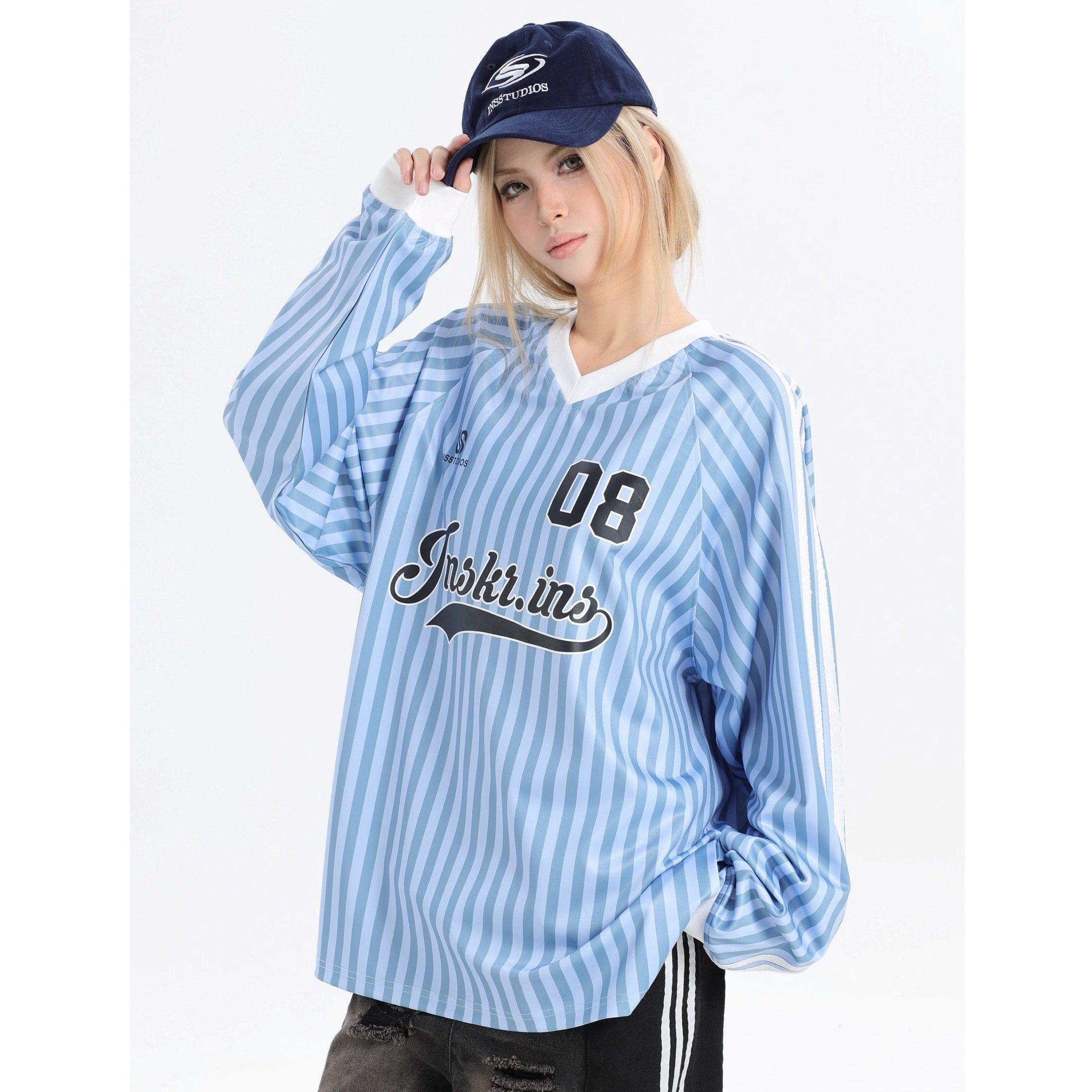 Stripe V-Neck Long Sleeve Sporty T-Shirt IN7073